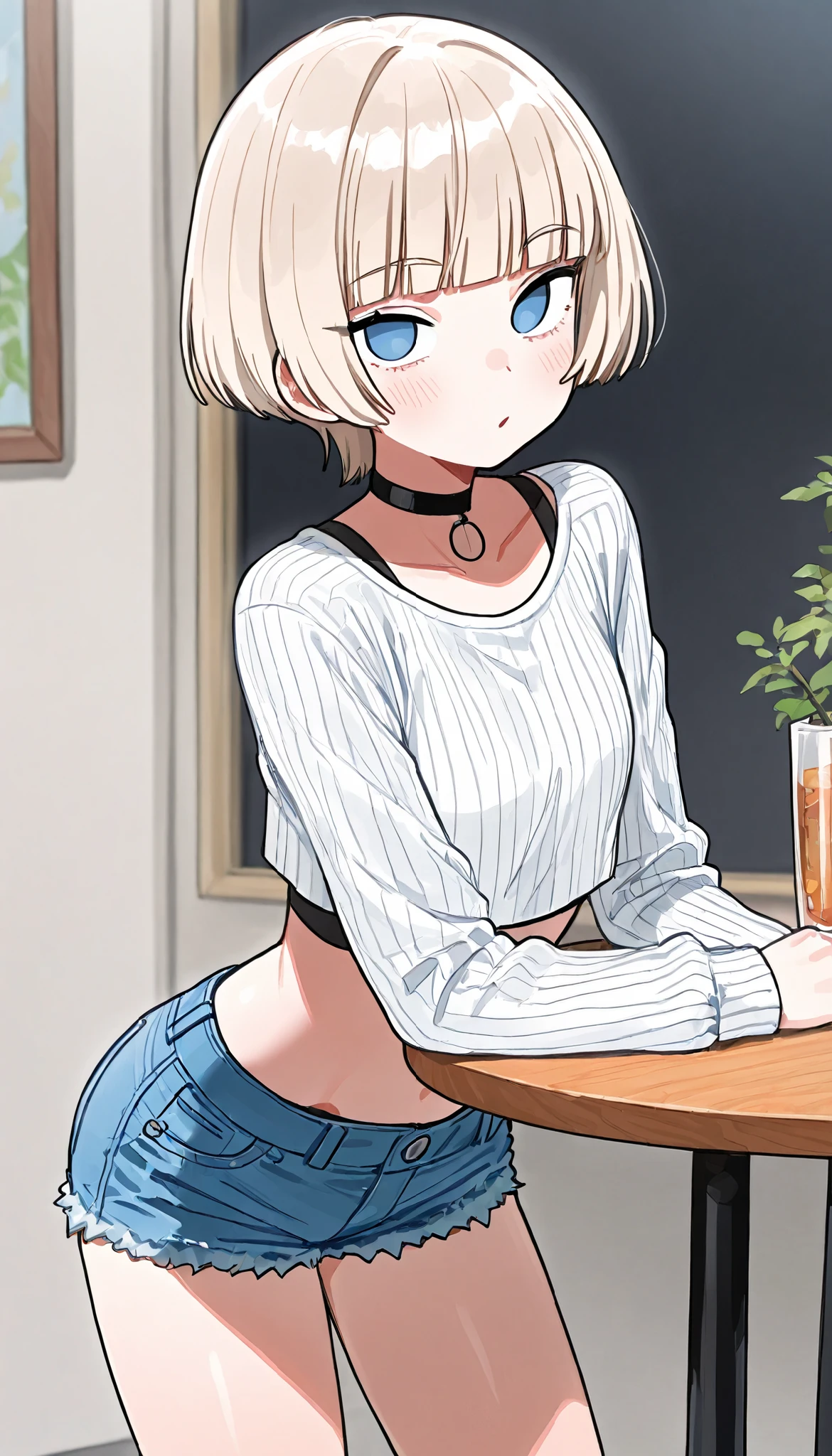 ((Highest Quality))), leaning over table, 1boy, femboy, short hair, jfcut, platinum blonde, pale blue eyes, inexpressive eyes, denim shorts, crop top with long sleeves, choker,