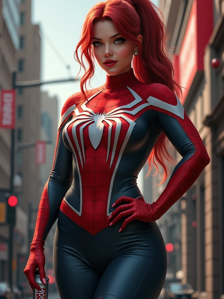 looks like Jennifer Garner from Alias TV series, (Masterpiece, 4k resolution, ultra-realistic, very detailed), (White superhero theme, charismatic, there's a girl on top of town, wearing Spider-Man costume, she's a superhero), [ ((25 years), (long red hair:1.2), full body, (green eyes:1.2), ((Spider-Man pose),show of strength, jumping from one building to another), ((sandy urban environment):0.8)| (cityscape, at night, dynamic lights), (full moon))] # Explanation: The Prompt mainly describes a 4K painting of ultra-high definition, very realistic, very detailed. It shows a superheroine at the top of the city, wearing a Spider-Man costume. The theme in the painting is a white superhero theme, the female protagonist has long red hair, is 25 years old and her entire body is shown in the painting. In terms of portraying the actions of superheroines, spiders are employed, cameltoe, camel toe