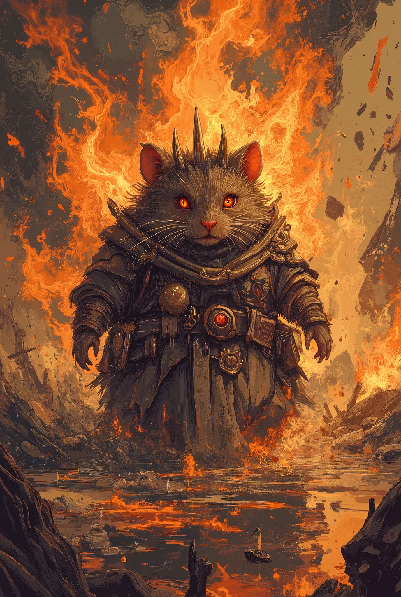 demon king hamster ,Fantasy Style,  masterpiece, Best quality, Super Detail,4K, standing in a hellish sea of flames ,  extremely detailed 8k photo with very realistic presentation,  dramatic lighting ,  kinematic composition , epic fantasy scene ,fluffy,bulky and big,powerful,stark, destruction 