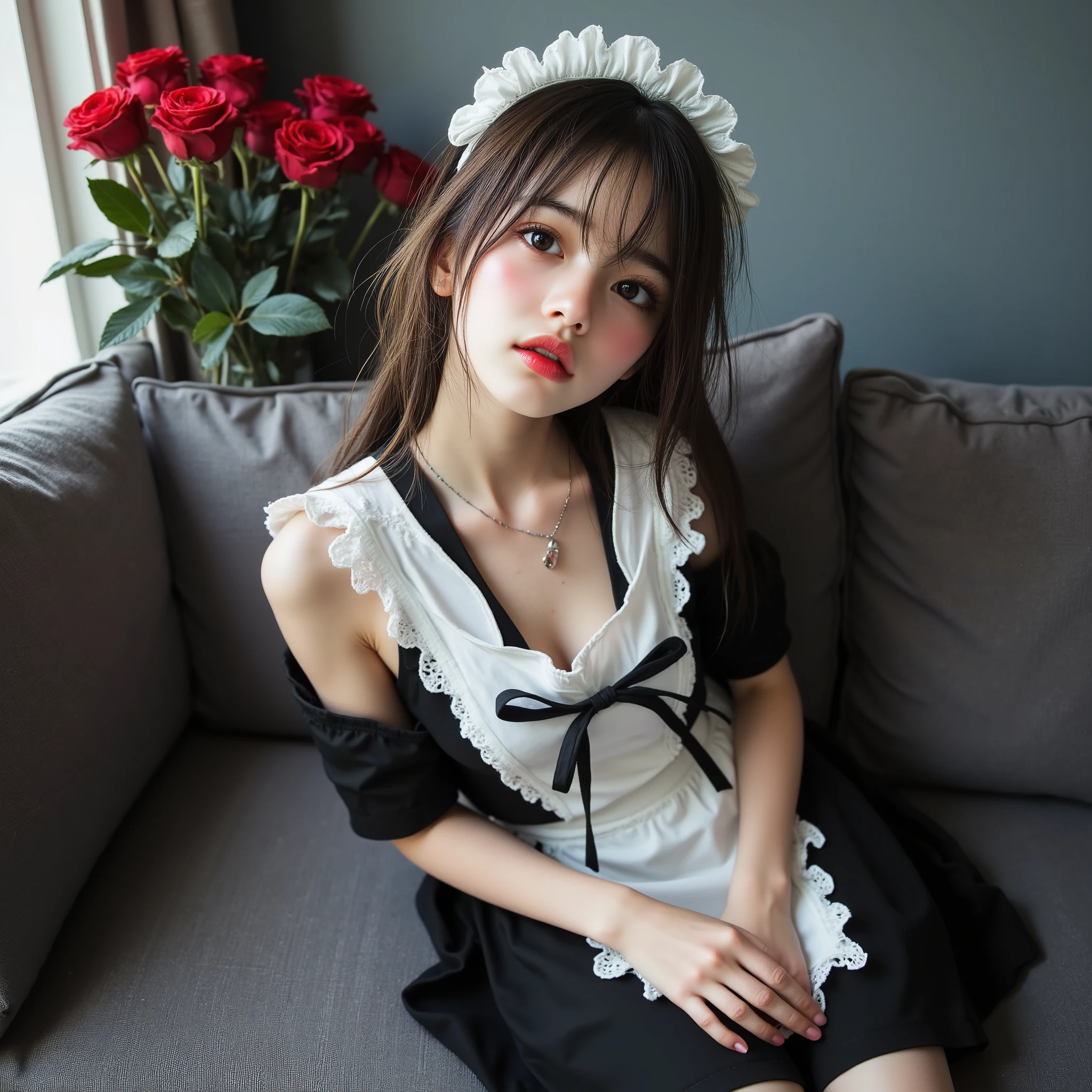 ((解剖学的に accurate人体構造)), (Canon), (EOS R5), (50mm), ((( Photorealistic:1.5))), ( No Lens Flare :1.5), ((超 high res)), ( Masterpiece), accurate,( by Nomiな質感の肌), super detailed, high detail on the face, high quality , Award-winning work , 最 high quality, 32K, depth of coverage, digital camera, award-winning glamour photo , professional lighting,(SFW), ((最 high quality:1.5)), (( Masterpiece:1.5)), (( by Nomi)), high res, by Nomiな影, Roughness, Real Life,(( A very beautiful and cute Japanese woman :1.5)), (( cute Japanese top idol )), ((Upper body shot seen obliquely from the front :1.5)), ( upper body shot seen from the side :1.2), (( upper body shot from head to knee :1.8)), (( cute 18-year-old Japanese high school girl )), 1 girl, (( Very cute maid girl with a gray bow )), Beautiful and luxurious living room , ( sitting on a luxurious sofa ), looking here, ( brown medium hair), ( Wears a white fluffy headband with large frills on her head :1.5), (I'm wearing a gray ribbon ), (( Black and white gothic Lolita-style luxury maid clothes )), (( A luxurious white apron with lots of frills )), (white apron with grey ribbon), with lots of frills , ((Black mesh stockings up to the thigh )), ( knee-high socks with gray stripes up to the thighs ), There are cases where black leather maid shoes are placed next to the bed, dreamy and shy expression , Attractive cuteness , seductive poses, Height: 160cm, slim figure, beautiful shaped big bust , F Cup, cleavage of bust visible, (( very cute smile with slightly visible teeth :1.5)), ( alone:1.5), (Only one person in the bedroom), ( show your hands as little as possible ), ( brown eyes:1.9), ( Detailed depiction of extremely realistic skin ), (Highly detailed, realistic eyes:1.9), ( extremely beautiful long realistic eyelashes ), (Highly detailed, realistic eyebrows), (丸い brown eyes :1.8), ( beautiful catchlight on the eyes), (Realistic lips with moisture ), ( white realistic teeth neatly arranged ), ( Beautiful and Detailed Face :1.6), ( hourglass shape:1.6), (Wasp waist :1.5), ( Perfectly round and beautifully shaped bust :1.8), ( clearly contoured cheekbones :1.5), ( textured skin by Mr. Nomi :1.8), (Healthy body :1.8), (Narrow shoulders:1.9), ( staring at viewers), ( captivating gaze), (Beautiful, natural-looking hands), ( beautiful white nails with a beautiful length ), ( playful and curious posture ), Gray-themed living room , ( The whole room is all gray ), Grey walls , Gray ceiling , Grey floor , White and gray floral pattern on a fluffy dark gray sofa There is a black cushion, Gorgeous red and pink roses in a floral gray vase , dark gray curtains with flower patterns , Dark gray furniture , soft white lighting , ( Dreamy Cozy), stylish style, Glow effect, Bright dynamic lighting that looks beautiful on the skin , accurate手の形, accurate指の形, accurate指の数,5 fingers on one hand