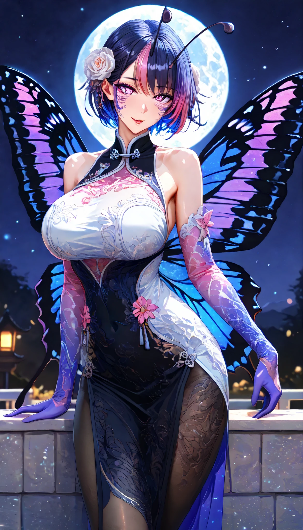 SOLO, A Butterfly Female ,Perfect body ,big oppai, Shiny skin, (multicolored hair, short hair), A pair of Butterfly antennae, purple insect eye,red slit pupils, A pairs of Butterfly wings, Wearing A Vibrant Evening dress with Butterfly characteristics(Sleeveless Cheongsam type),black silk pantyhose, In the White Rose Garden(Chinese classical garden), butterfly scale powder, Torogao, seductive smile, Outside, Midnight,Full moon, UHD, anatomically correct, masterpiece, textured skin, high details, highres, 1080P, 16k, accurate,Beautiful face, Perfect face, Highly detailed beautiful face and eyes, Attractive face, Detailed face, Delicate facial features, Detailed skin,Cowboy shot