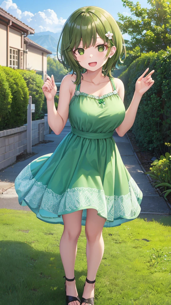 Girl with short green hair, Small breasts, Green Eyes, White Casual Wear Beauty Special、(((Peachy Butt))),Full body photo from head to toe、Leaning forward、A composition that makes the buttocks redundant、Waistline