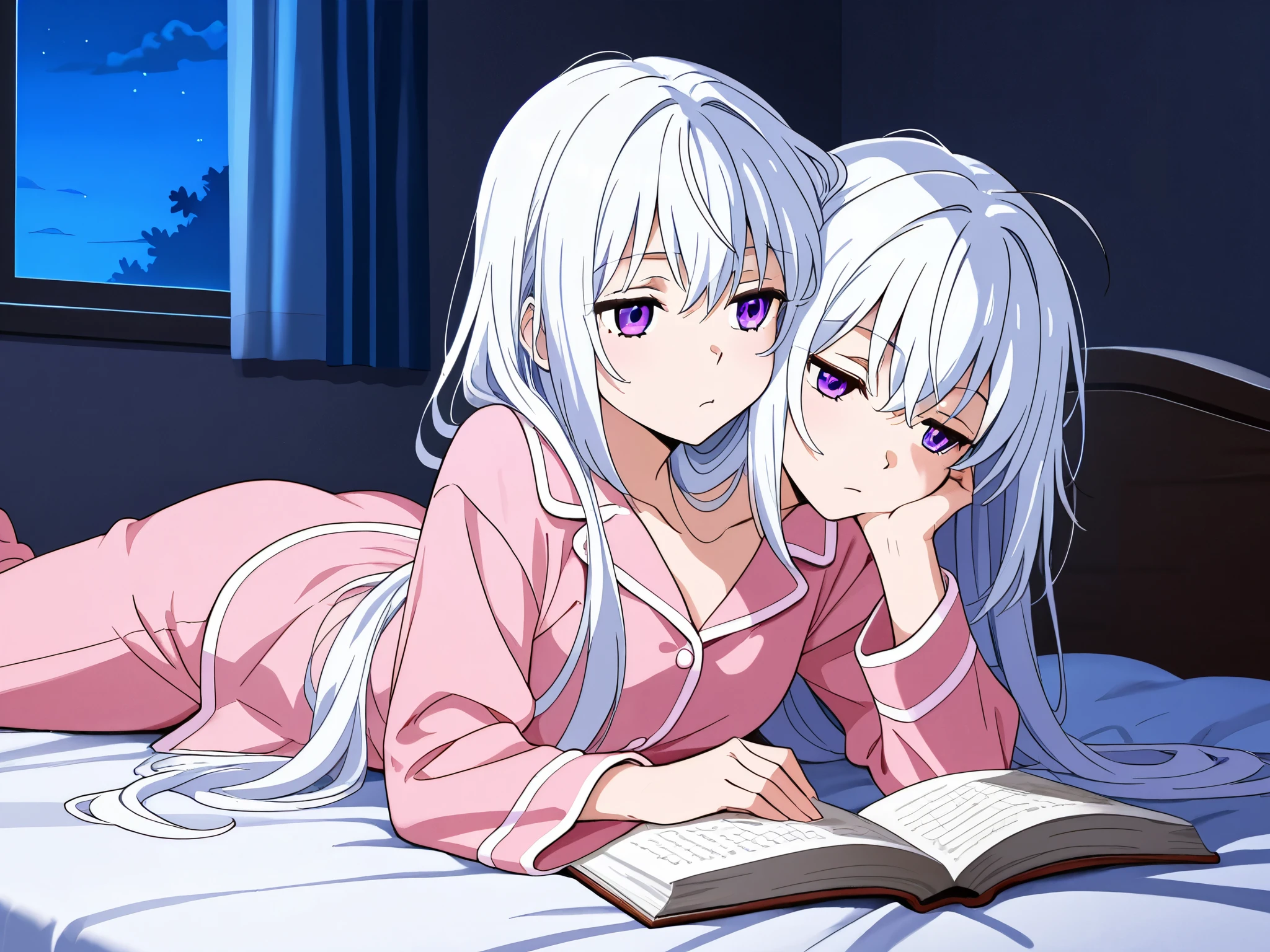 anime girl with two heads, white hair, purple eyes, eyes half open, bored, pink pajamas, lying on stomach on a bed, reading a book, bedroom, night