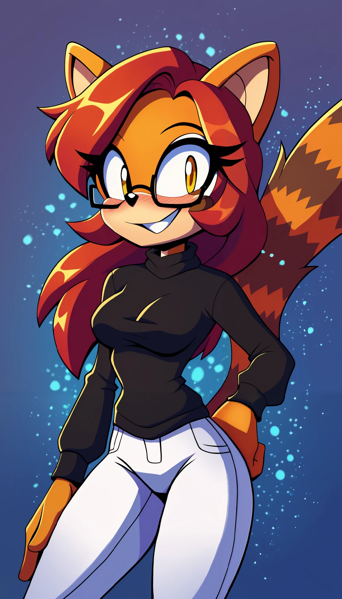 masterpiece, best quality, 1girl, anthro, furry, Mobian, fur, fluffy fur, red panda girl, furry, red panda ears, animal nose, cute eyes, yellow eyes, red panda tail, red hair, medium hair, long hair, solo, (simple background), detailed, black sweater, white pants, cute grin, head tilt, ager (18 years), medium breast, glasses, blush, looking at the viewer, light particles, score_9, score_8_up, score_7_up, score_6_up, score_5_up, score_4_up, evnstnly, Even Stanley art style, Sonic OC, Sonic fan character, Sonic the Hedgehog series, (2D)
