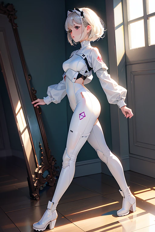 8ก,Masterpiece,one woman,shy smile,30 years old,blue eyes,white hair,short bob hair,Dutch beauty,Ella Freya(Ella Freya),(white panties),2b, short hair, Slender figure, rift, small breasts, gray hair, headband, Black knee-length socks, White leotards, Tailoring clothes, rift cutout, black headband, shooting underwear,Dynamic angle,back view