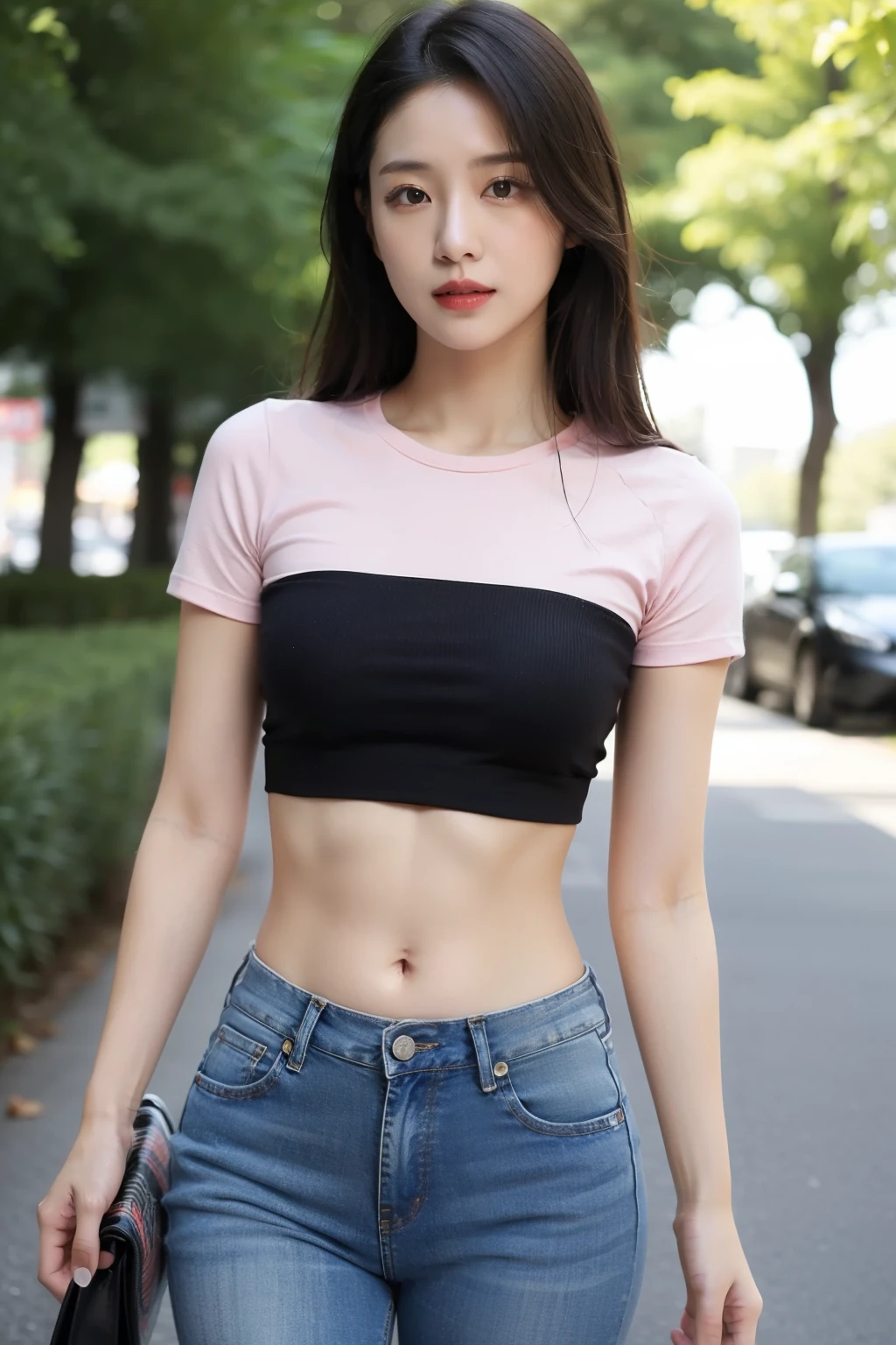 (realistic:1.2), solo, Asian woman, small light pink t-shirt, tight shirt, crop top, midriff, navel, jeans, outdoors