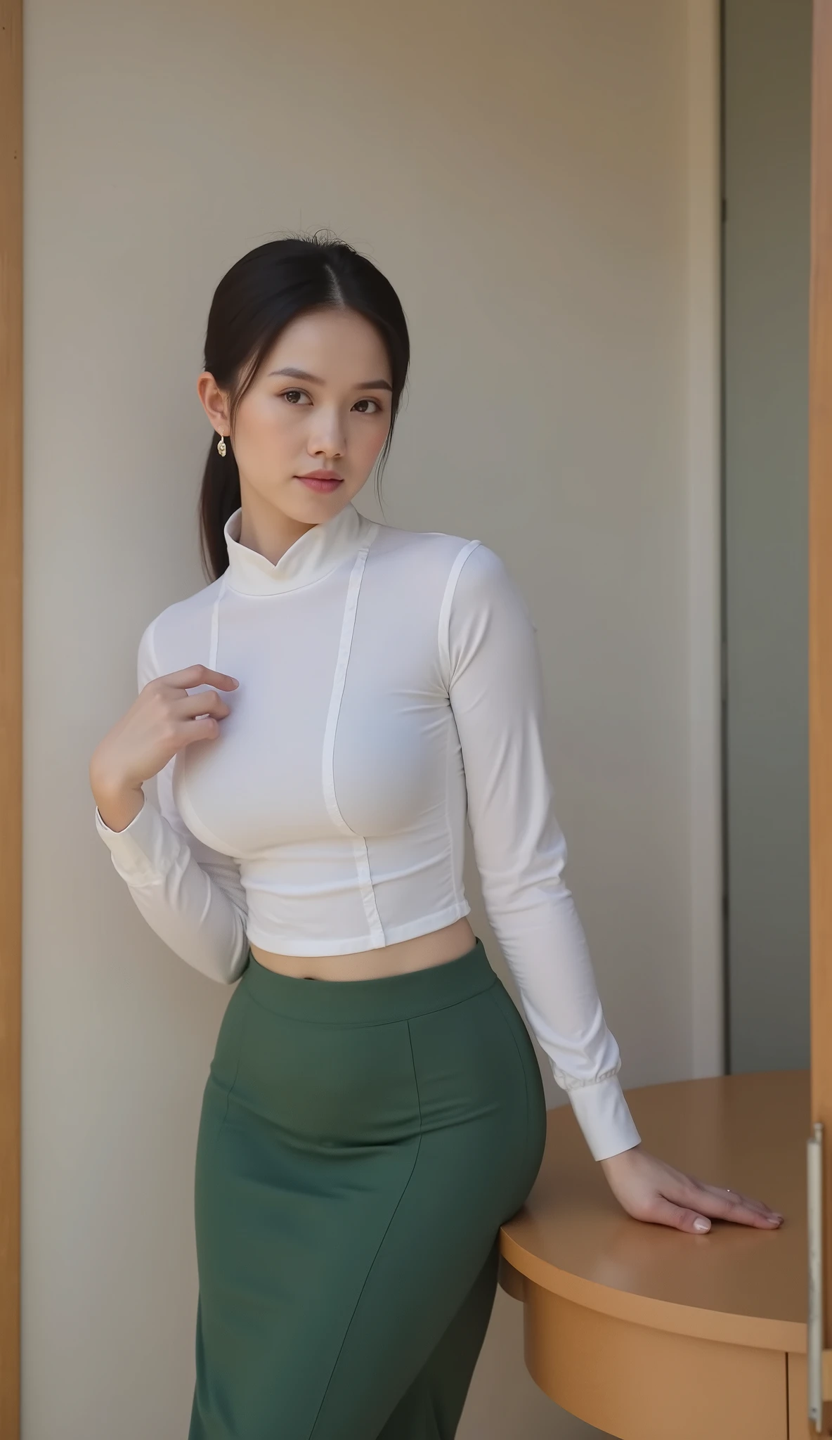 perfect body, hourglass body, round breasts, big breasts, perfect breasts, peach ass, wide hip, Round, beautiful, and perfectly proportioned breasts, natural curvature with soft and realistic skin texture, enhanced yellow tones with smooth shading, high-definition details with subtle lighting and shadows, photorealistic depth and volume, ultra-detailed contours with gentle highlights, artistic balance with aesthetic symmetry, realistic 8K photography, UHD, high resolution, best quality, high details, super detailed, HD, hyper-detailed skin texture, ultra-sharp details, cinematic lighting, bright white lighting, soft shadows, highly detailed face, stunning facial symmetry, perfect skin, natural skin pores, realistic reflections, ultra- sharp focus, depth of field, photorealistic textures, professional studio photography, vibrant colors, high dynamic range, extreme detail. Transparent lace shirt, intricate lace patterns with delicate embroidery, enhanced yellow tones with realistic fabric transparency, fine mesh details with high-definition texture, soft and natural draping on the body, photorealistic lighting highlighting sheer material, ultra-detailed fabric weave with depth and contrast, subtle shadows and highlights enhancing realism, wear tight, wearing tight dreas,pretty face, gorgeous face, detIled face, enhance facial features for realism, improve skin texture and tone, refine body proportions for natural look, add realistic details to clothing, smooth skin imperfections, enhance facial symmetry, add subtle makeup for natural appearance, improve lighting and shadows on face and body, refine hair details for realism, enhance fabric texture and folds in clothing, add realistic skin pores and blemishes, improve overall sharpness and clarity, adjust color balance for natural skin tones, enhance facial expressions for realism, refine body contours and muscle definition