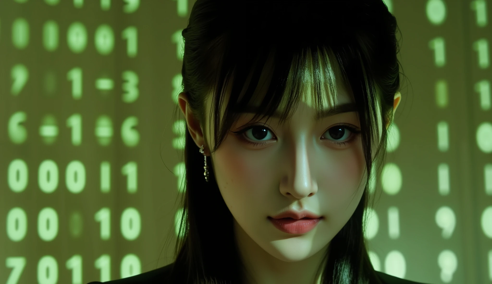 "Cyberpunk-style image of a model with long, dark brown, straight hair styled without bangs, fully revealing her forehead and clearly highlighting her facial features. She stands against a digital background filled with glowing green numbers in the style of 'The Matrix.' The lighting is dim and green, casting mysterious shadows on her face, creating a futuristic and enigmatic look. She wears a simple silver earring, adding a touch of metallic elegance. Shadows on her face are cast from the glowing numbers in the background, giving her a surreal and mysterious appearance. The entire scene resonates with an atmosphere of virtual worlds and digital codes. High resolution, cinematic lighting, hyper-realistic, cyberpunk ambiance --v 5 --ar 16:9 --q 2"