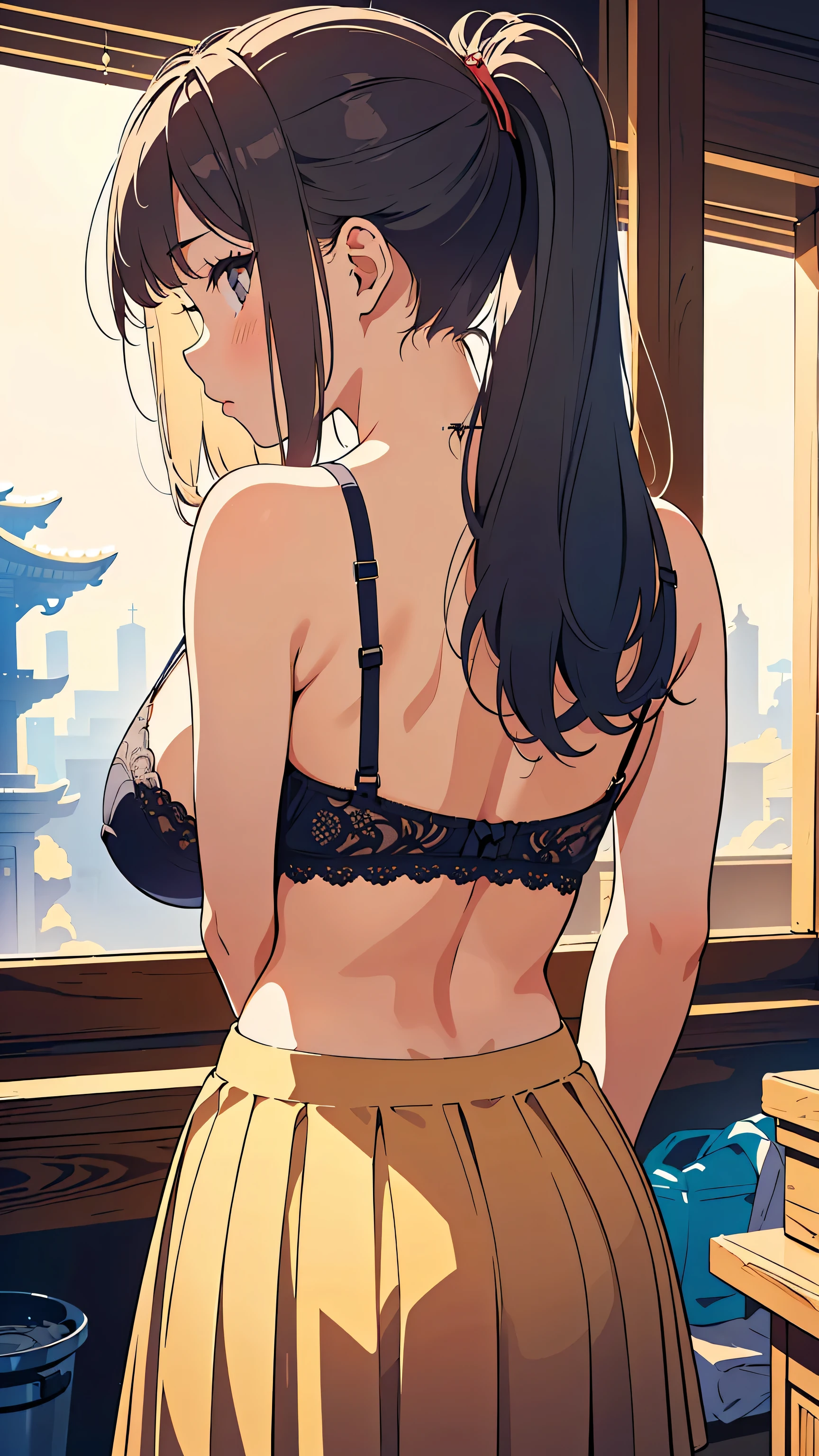  Masterpiece,  best quality,  illustrations,  Nostalgic Photos:1.5, ((  images outlined with very fine lines:1.3)),  ULTRA DETAIL,  Finely Details,  high res,  8k,  perfect dynamic configuration,   beautiful eye in every detail, ( long hair,  ponytail, Shiny hair,loose hair ), (Big Natural Tits:1.5),   natural color lips , ( in a mysterious temple, standing:1.3), (pull down skirt,  pleated skirt:1.3), (28 year old girl,  adult woman),, (Extremely embarrassing expression :1.3), (( with hot water focus on the upper body)), cowboy shot,  ((Women's apartment room)), From behind, (Panties and bras made of lace material ,  cute underwear, Random color ),
