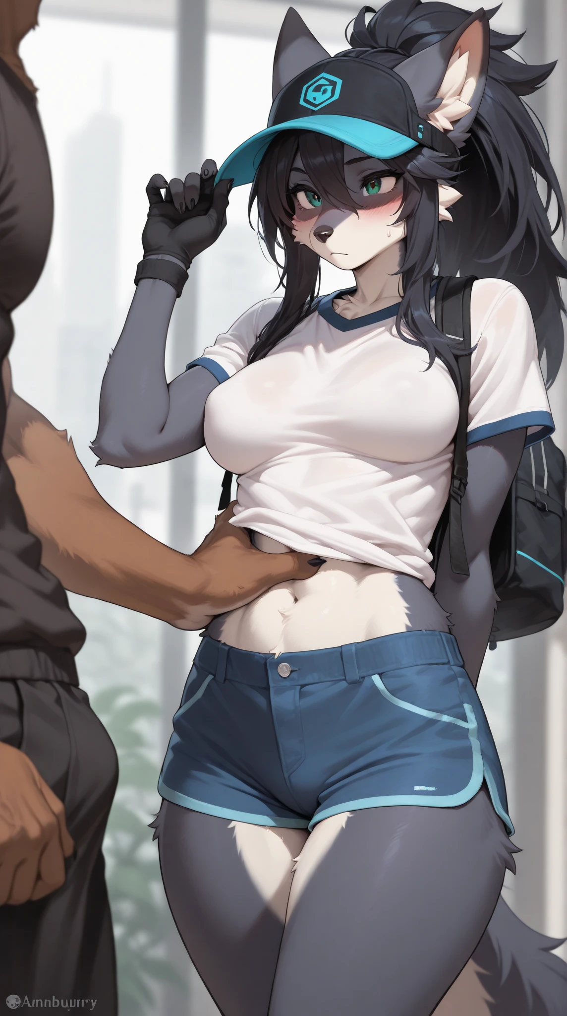 masterpiece, best quality,anime style, 1 girl,(((slender body))), (((small breast))),(((hot pants, white tanktop,red tie,glasses))),(((((a gorilla man grabbing the girl))))), ((((restrained, arms behind back)))),((((???)))), (beautiful face), (((short hair))), (((straight hair))), ((((black hair)))),detailed beautiful skin, (perfect hands, perfect ???????)