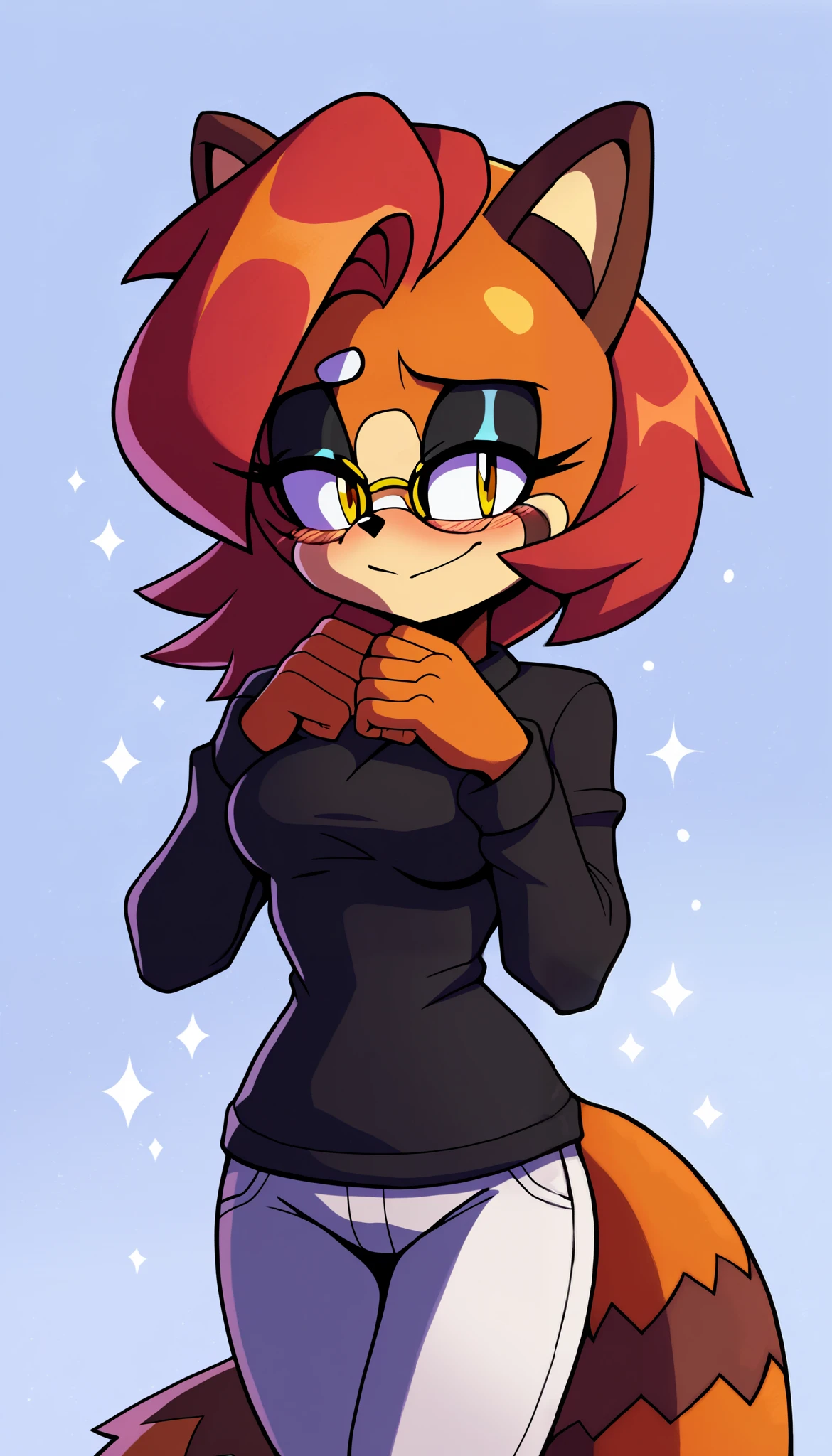 masterpiece, best quality, 1girl, anthro, furry, Mobian, fur, fluffy fur, red panda girl, furry, red panda ears, animal nose, cute eyes, yellow eyes, red panda tail, thick and fluffy tail, red hair, medium hair, long hair, solo, (simple background), detailed, black sweater, white pants, 18 years old, head tilt, medium breast, glasses, blush, shy pose, small smile, looking at the viewer, light particles, score_9, score_8_up, score_7_up, score_6_up, score_5_up, score_4_up, evnstnly, Even Stanley art style, Sonic OC, Sonic fan character, Sonic the Hedgehog series, (2D)
