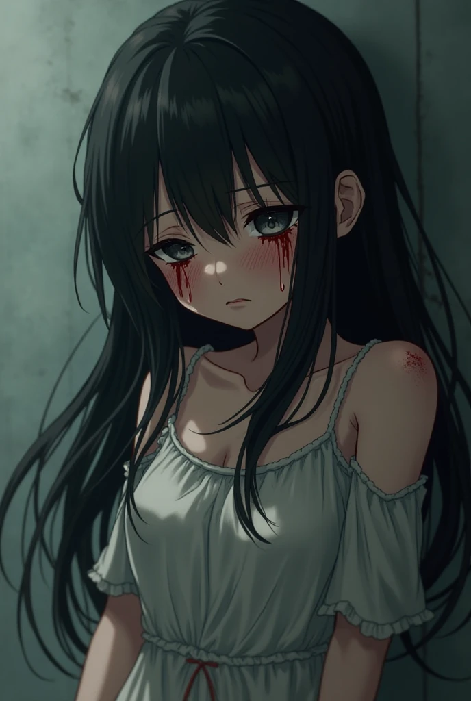 Girl with long black hair, white eyes, with torn clothes and crying