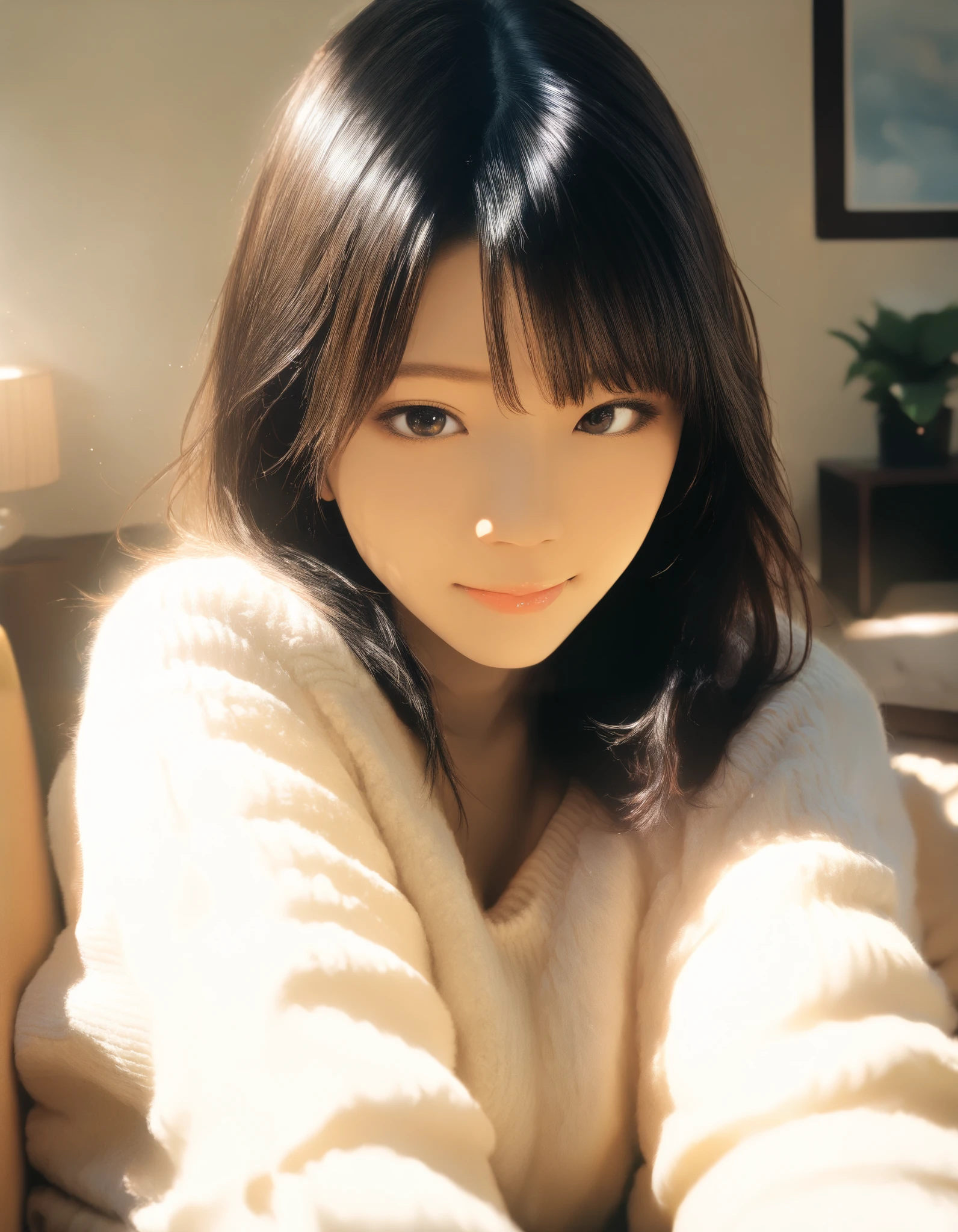 1girl, year 2016, upper body, sweater, living room, morning sunshine, masterpiece, high score, great score, absurdres, 16k, Ultra detailed, (photorealistic : 0.75)