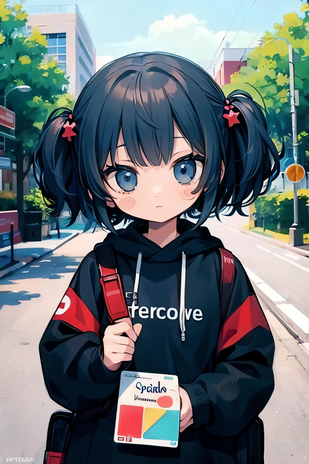 (sticker),#quality(8k,best quality, masterpiece),solo, #1girl(cute, kawaii,small ,smile,hair floating,hair color cosmic,pigtail hair,zombie skin,ghost skin ,skin color blue,pale skin,eye color cosmic,eyes shining,big eyes,damaged clothes,heavy metal costume,smirk,isolated on pink background,full body),#background(monotone,pink,no background,isolated on pink background)