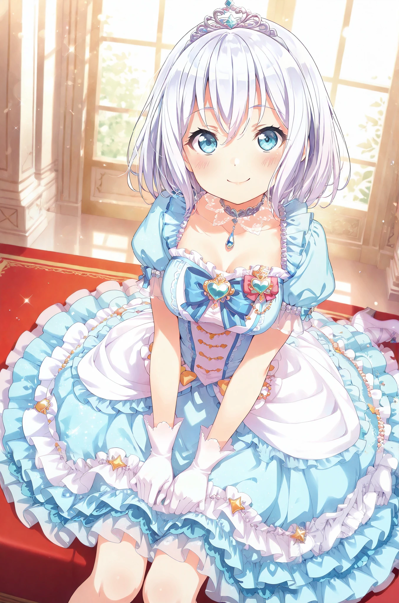 1girl, solo, kurata mashiro,white hair,short hair,blue eyes, {{medium breasts}}, {{{large breasts}}}, {{{smile}}}, {{{{masterpiece}}}}, {{{best quality}}}, {{{high quality}}}, {{{smile}}}, {{{princess costume}}}, {{{{{puff sleeve}}}}}, {{{princess}}}, {{{frilled dress}}}, {{{cinderella (cosplay)}}}, {{{short sleeves}}}, {{{cinderella}}}, star princess, {{{blue dress}}}, {{{tiara}}}, {white puff sleeve}, peace sign, {princess gloves}, {{white princess gloves}}, {{{short sleeves}}}, {}, {{{beautiful hands}}}, {{{{{beautiful finger}}}}},