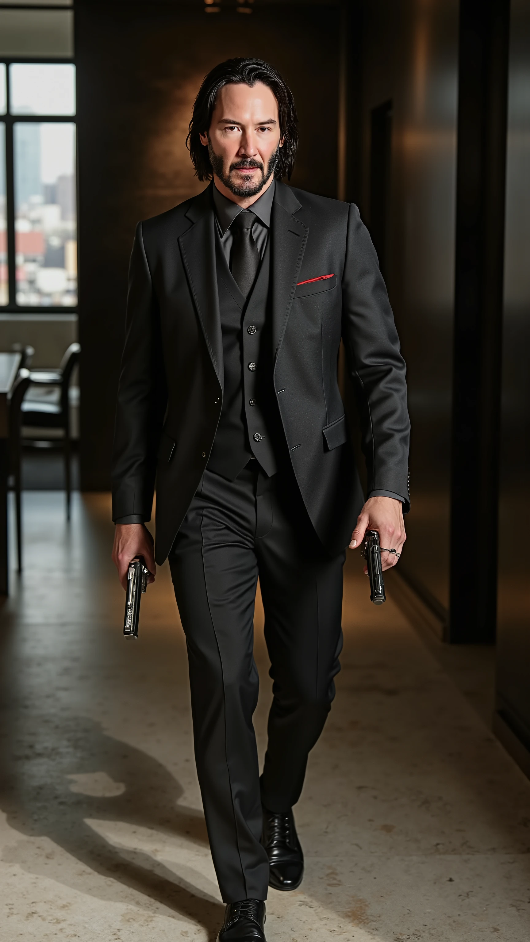 full-body Keanu Reeves reimagined as a as a mafia boss walking and holding pistol、dramatic atmosphere, 1 male、
cold and confident, calculating gaze with dark, piercing eyes that reveal both wisdom and danger. His shoulder-length black hair is slicked back neatly, and his well-groomed beard adds to his air of quiet authority. His tall, lean frame and effortless composure exude a silent but deadly presence, making him both respected and feared.
He wears a perfectly tailored luxury jet-black three-piece suit with a subtle sheen, exuding power and refinement. A crisp charcoal-gray dress shirt is buttoned up under a sleek black silk tie, secured with a platinum tie clip engraved with an intricate crest. His suit jacket is lined with deep red satin, barely visible as he moves. A luxury black-on-black Rolex with a diamond bezel sits on his wrist, complementing his polished silver cufflinks shaped like daggers. A platinum signet ring, embossed with a wolf’s head, rests on his pinky finger. His Italian leather dress shoes are polished to a mirror shine. In his right hand, he firmly grips a large custom-made pistol, its polished black finish gleaming under the low lights
, shows his male character's full figure, athletic body, perfect face, full body, extremely beautiful, god, male shape, perfect anatomy, The background showcases A luxury modern penthouse bathed in sunlight, with floor-to-ceiling windows overlooking the city skyline. Sleek marble floors, designer furniture, and a glass bar exude power and sophistication, photorealistic, masterpiece, realistic, high contrast, 8k, HD, high definition detailed, detailed, hyper detailed, realistic skin texture, best quality, ultra high resolution, hyper realistic, no text, very detailed eyes, dramatic lighting