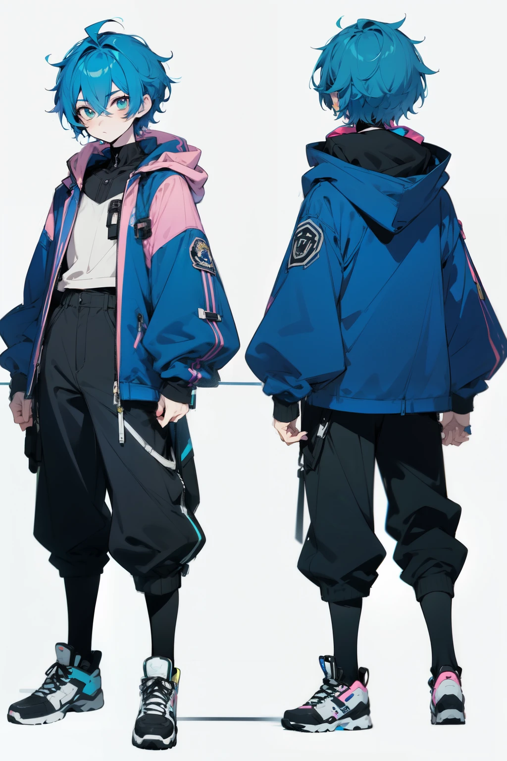 1 Solo androgynous boy, anime illustration, refsheet, turnaround, boy, anime styled, character design, 2d, oversized jacket with hood and shorts, blue yellow pink, pale skin, colorful hair that is longer in the back, blue or green eyes, background, edgy vtuber inspired