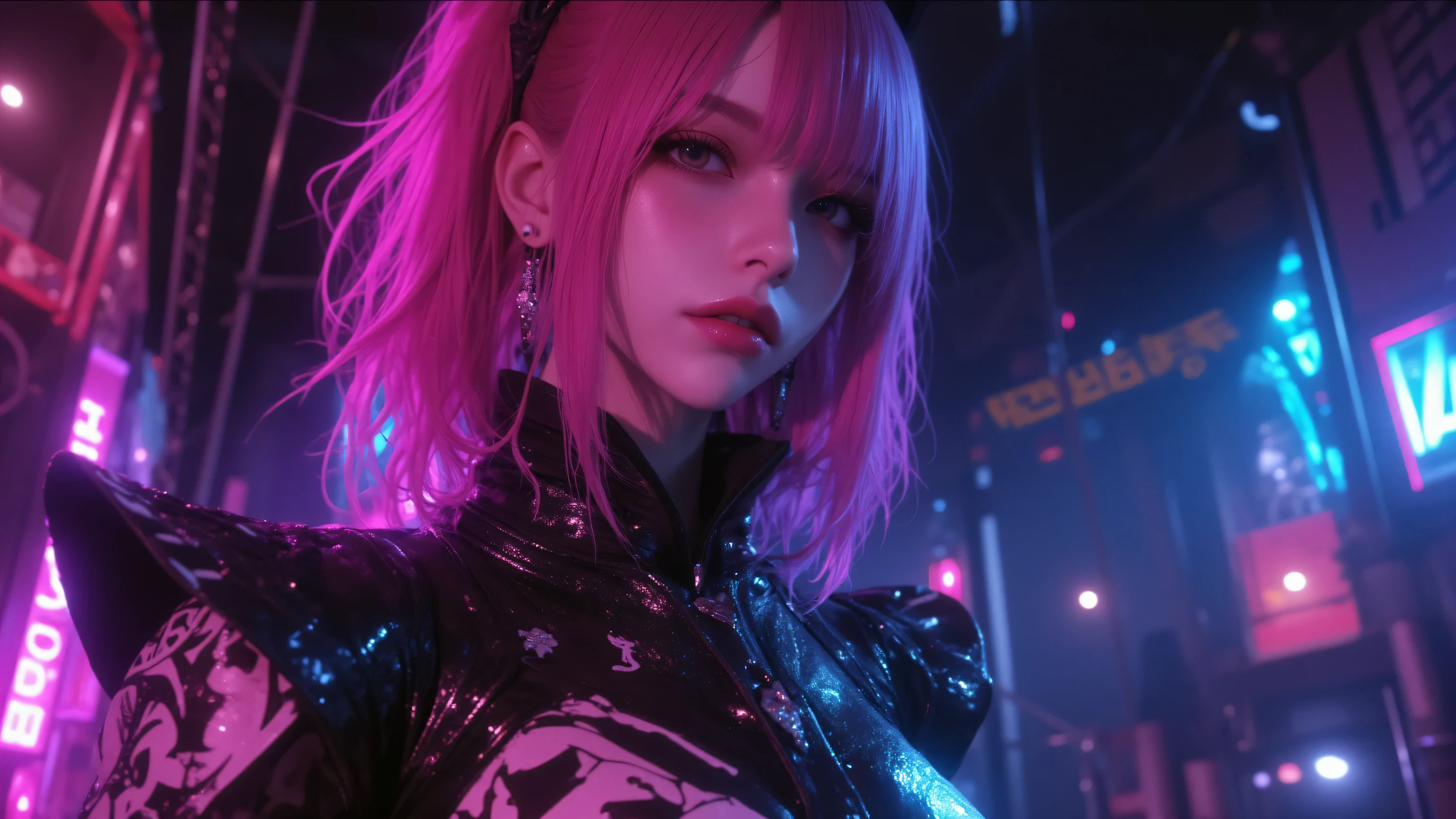 A cinematic medium shot of a dark fantasy scene with a powerful and enchanting female protagonist with striking neon pink hair. She dons a form-fitting outfit adorned with intricate architectural, anime, graffiti, and 3D render details. The background masterfully blends mystical darkness with soft, ethereal lights, casting a captivating glow across the scene. The overall composition exudes otherworldly beauty and intrigue.