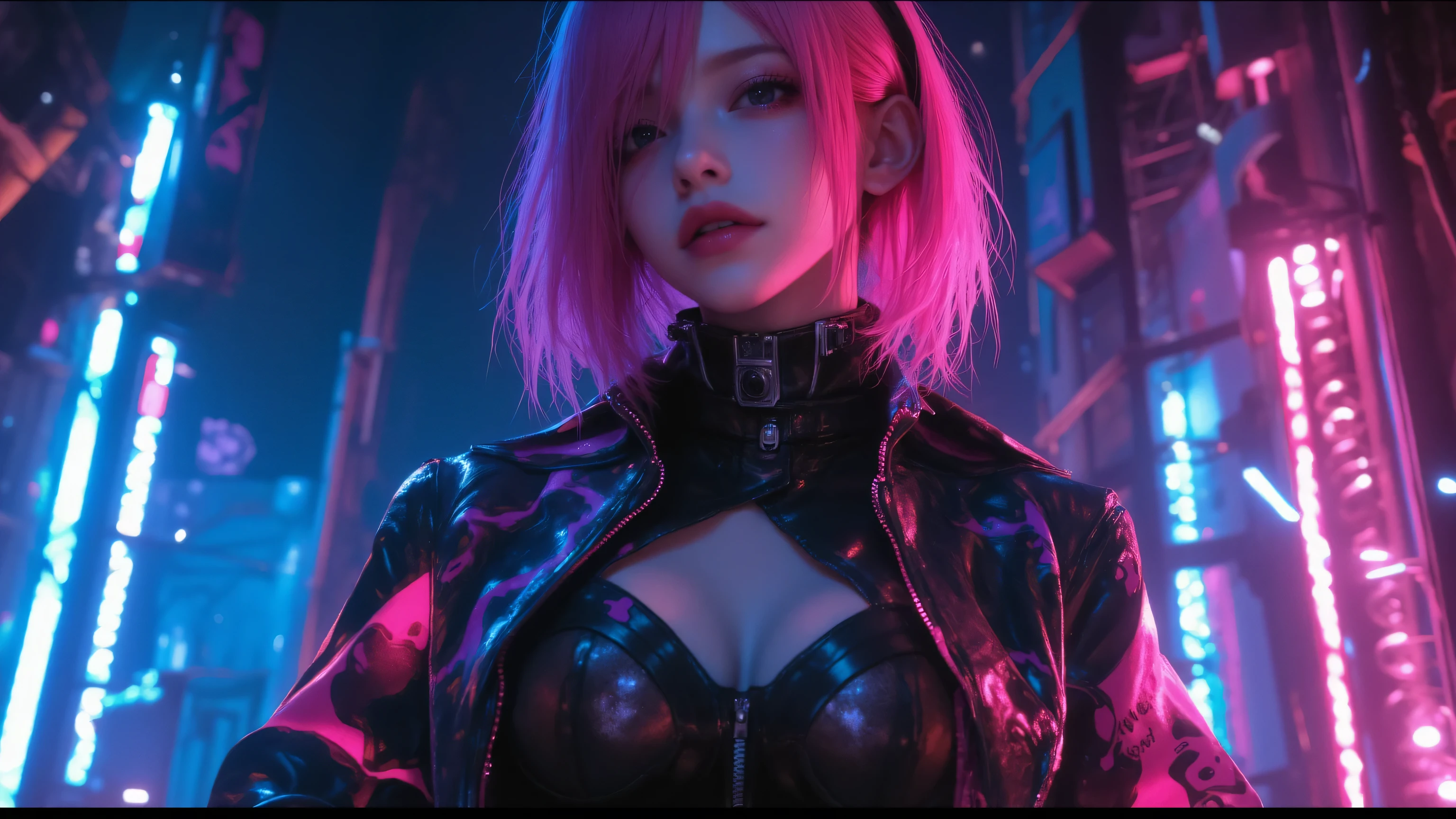 A cinematic medium shot of a dark fantasy scene with a powerful and enchanting female protagonist with striking neon pink hair. She dons a form-fitting outfit adorned with intricate architectural, anime, graffiti, and 3D render details. The background masterfully blends mystical darkness with soft, ethereal lights, casting a captivating glow across the scene. The overall composition exudes otherworldly beauty and intrigue.