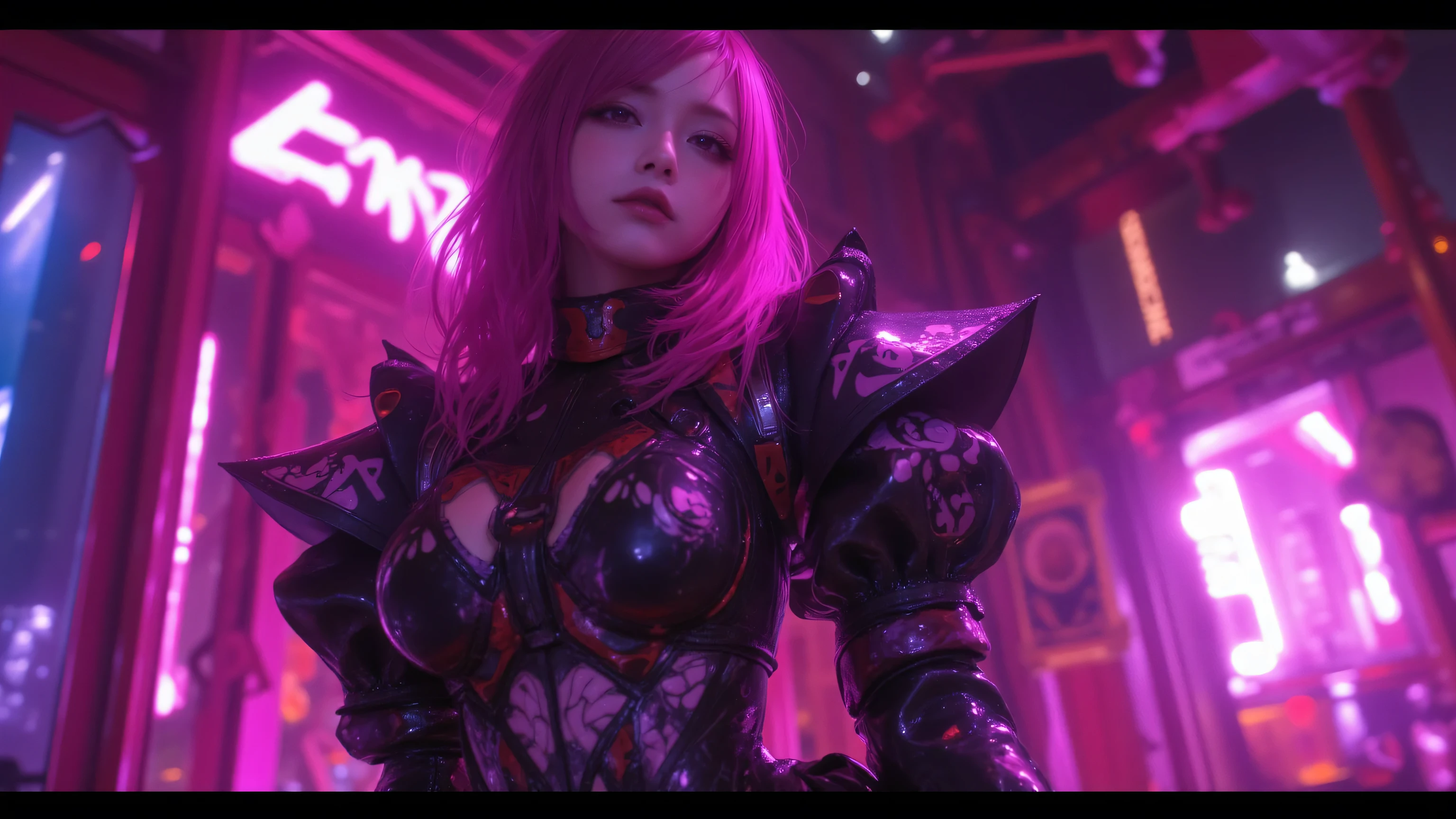 A cinematic medium shot of a dark fantasy scene with a powerful and enchanting female protagonist with striking neon pink hair. She dons a form-fitting outfit adorned with intricate architectural, anime, graffiti, and 3D render details. The background masterfully blends mystical darkness with soft, ethereal lights, casting a captivating glow across the scene. The overall composition exudes otherworldly beauty and intrigue.