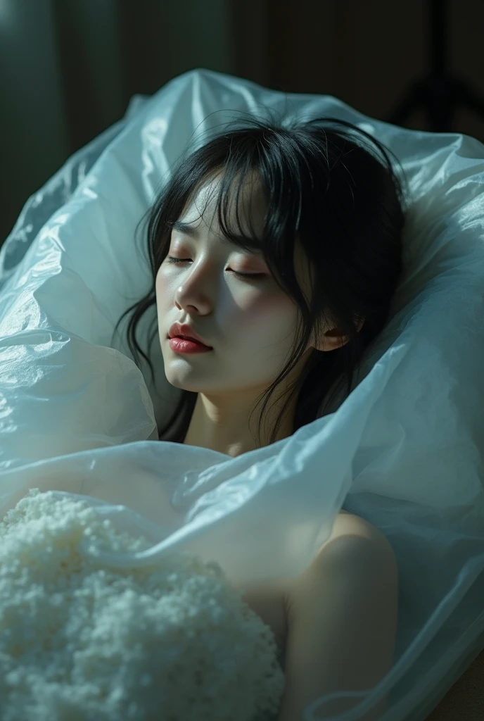 (Eyes closed: 1.4), dark emo girl, wearing transparent clothes, on bed, white sheets, near corners, realistic face, detail face, detail background a little blurry, mysterious view, wet reflection, not much light on the model, correct shadows, HDR, photo realistic, photo with dark tones, mid