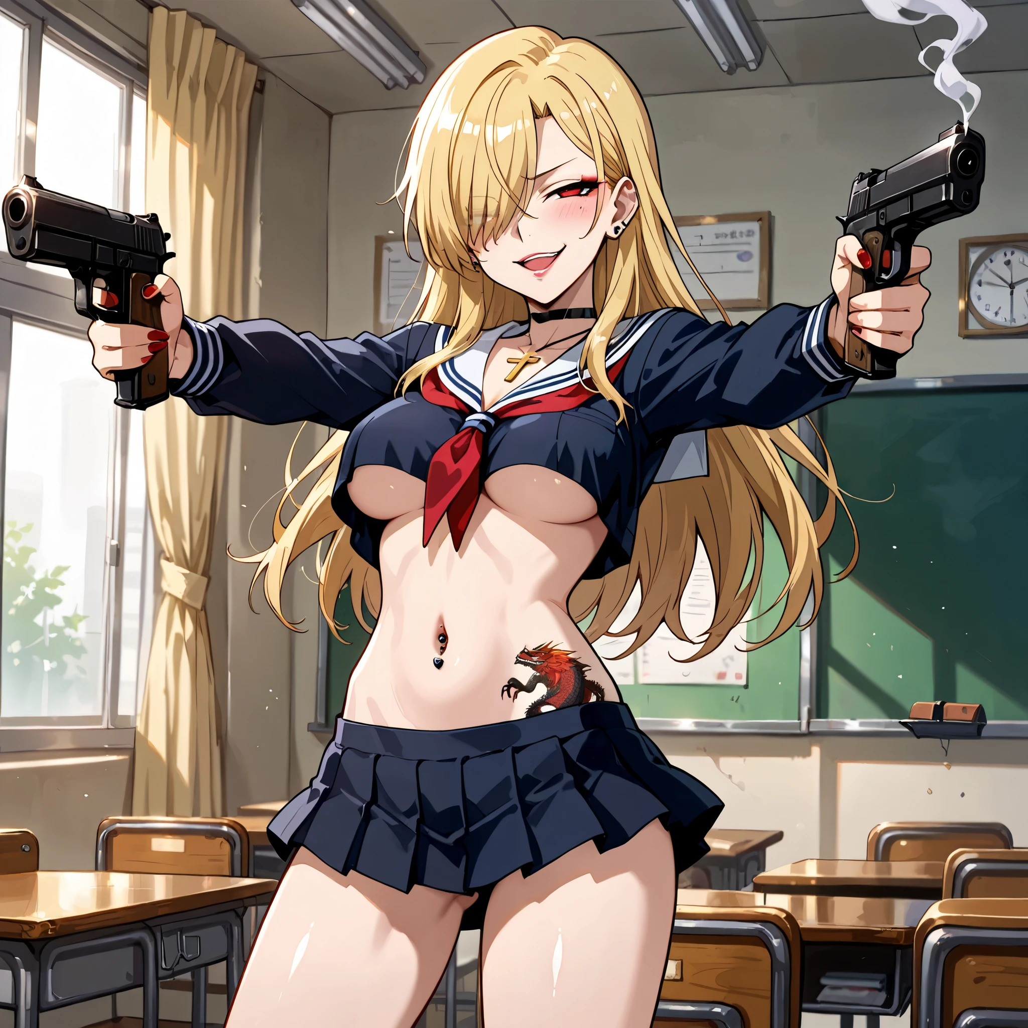 ftselenecas,mature female,pink eyes,mature female, blonde hair, long hair, blush, lipstick,,jewelry, earrings, Hot girl, baddie, bad attitude, mean girl, crazy, smoking, sensual, attractive , masterpiece, best quality, highly detailed, a anime girls in sailor uniforms with a gun posing for a picture,
evil smile, smile, open mouth,black_serafuku, ecchi anime style, anime girls , (nsfw) not safe for work,
ecchi style, ecchi, shipgirls, digital anime art!!, high school girls, holding a gun, hold a gun, anime style 4
k, micro skirt, exposed belly, exposed navel, exposed midriff, holding pistol,underboob,
exposed lower belly,school, classroom,