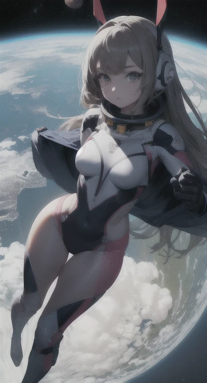 stupid reply, High resolution, (masterpiece:1.4), Super detailed, 1 girl, From above, space, floating、camel toe、huge tit、Nipple Puffs、cleavage、Plump、Super big breasts、super big butt、spacewalk、Spacesuit