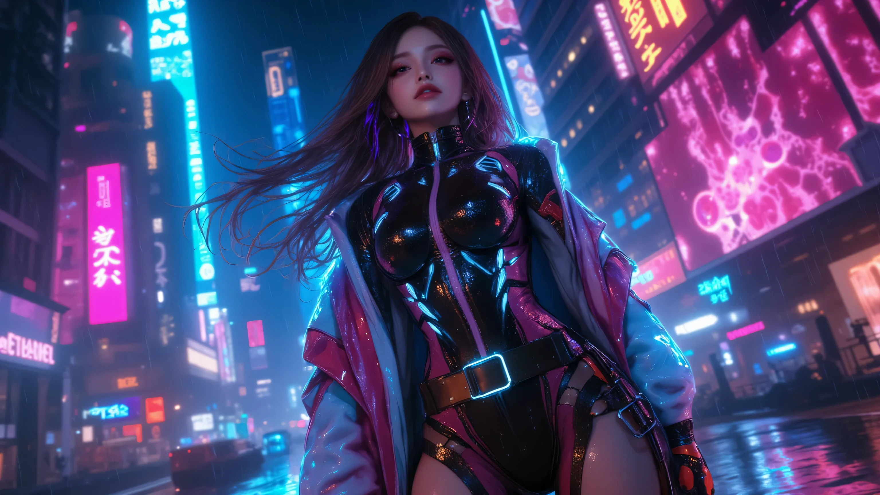 A full-body portrait of a futuristic cyberpunk very beautiful sexy women standing in a neon-lit cityscape at night. She wears a sleek, high-tech bodysuit with glowing cybernetic implants and a stylish armored jacket. Her long hair flows with embedded LED strands, and her eyes glow with an augmented reality interface. She holds a futuristic weapon or holographic interface in her hand, exuding confidence and power. The background features a dense, rain-soaked metropolis with towering holographic billboards, flying vehicles, and neon reflections on wet streets. The scene is ultra-detailed, with cinematic lighting, a strong sci-fi atmosphere, and a blend of high-tech and gritty urban aesthetics.