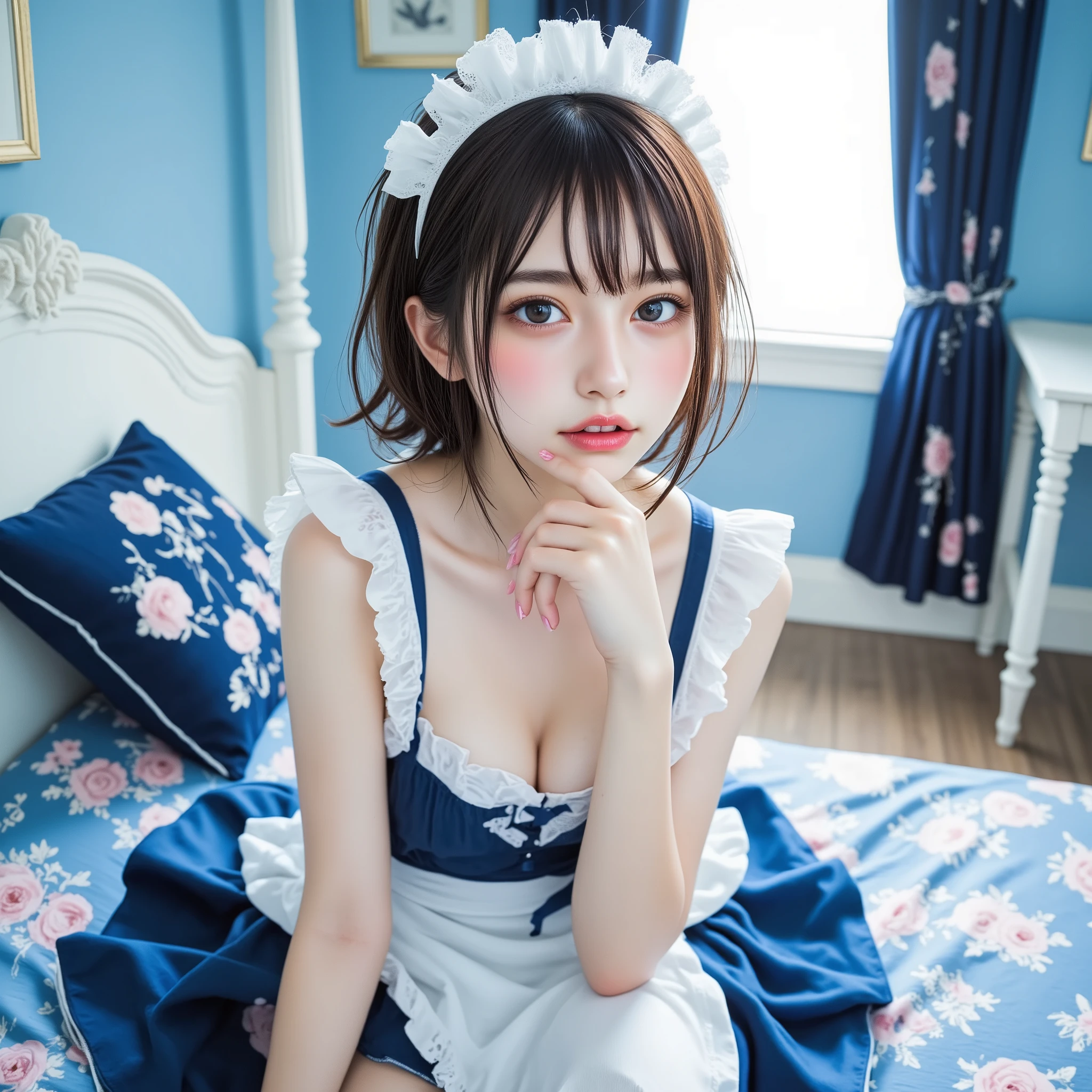 ((解剖学的に accurate人体構造)), ( No Lens Flare :1.5), ((超 high res)), ( Masterpiece),  accurate,( by Nomiな質感の肌),  super detailed,  high detail on the face,  high quality ,  Award-winning work , 最 high quality, 32K,  depth of coverage,  digital camera,  award-winning glamour photo  ,  professional lighting,(NSFW), ((最 high quality:1.5)), (( Masterpiece:1.5)), (( by Nomi)),  high res, by Nomiな影, Roughness, Real Life,(( A very beautiful and cute Japanese woman :1.5)), (( cute Japanese top idol )), ((Upper body shot seen obliquely from the front :1.5)), ( upper body shot seen from the side :1.2), (( upper body shot from head to knee :1.8)), (( cute 18-year-old Japanese high school girl )),  1 girl, (( Very cute maid girl with a gray bow )), Beautiful and adorable bedroom , ( sitting on the bed),  looking here, ( fluffy brown short hair), ( Wears a white fluffy headband with large frills on her head :1.5), ( Light blue ribbons tied around her legs), (( She wears a gorgeous blue and light blue Gothic ta-style maid outfit)), (( A luxurious white apron with lots of frills )), ( Light blue ribbon on a white apron ),  with lots of frills , (Black mesh stockings up to the thigh ), (( Black thigh-high socks with light blue stripes)),  Black leather maid shoes may be placed next to her bed,  dreamy and shy expression , Attractive cuteness ,  seductive poses, Height: 160cm,  slim figure, Pretty small bust with a beautiful shape ,  B cup,  cleavage of bust visible, (( very cute smile with slightly visible teeth :1.5)), ( alone:1.5), (Only one person in the bedroom), ( show your hands as little as possible ), ( brown eyes:1.9), ( Detailed depiction of extremely realistic skin ), (Highly detailed, realistic eyes:1.9), ( extremely beautiful long realistic eyelashes ), (Highly detailed, realistic eyebrows), (丸い brown eyes :1.8), ( beautiful catchlight on the eyes), (Realistic lips with moisture ), ( white realistic teeth neatly arranged ), ( Beautiful and Detailed Face :1.6), ( hourglass shape:1.6), (Wasp waist :1.5), ( Perfectly round and beautifully shaped bust :1.8), ( clearly contoured cheekbones  :1.5), ( textured skin by Mr. Nomi  :1.8), (Healthy body :1.8), (Narrow shoulders:1.9), ( staring at viewers), ( captivating gaze), (Beautiful, natural-looking hands), (Beautiful pink nails of a beautiful length), ( playful and curious posture ),  light blue themed bedroom , ( The whole room is all light blue ), Light blue wall, Light blue ceiling , Light blue floor,  Her fluffy light blue bed has a dark blue pillow with white and pink floral patterns, Light blue bed sheets with floral patterns, Navy blue curtains with a floral pattern , Dark blue furniture,  soft white lighting , ( Dreamy Cozy),  fantasy style, Glow effect, ((Pretty bright dynamic lighting that makes my skin look beautiful )), (Pretty bright lighting ), ((A dark red pillow with a white and pink flower pattern is placed on a fluffy red bed with a color temperature of 5500 kelvin )), ( show your hands as little as possible ), (I can&#39;t show my feet),  accurate手の形, accurate指の形, accurate指の数,(5 fingers on one hand ), (( M lettering)), (((Stand on both knees and spread your legs wide to show your female genitals))), ( I can see an erect clitoris), (( legs spread wide)), (( beautiful nipples and large areolas can be seen :1.5)), ((( I can see real female genitals:1.8))), ((Excessive pubic hair))