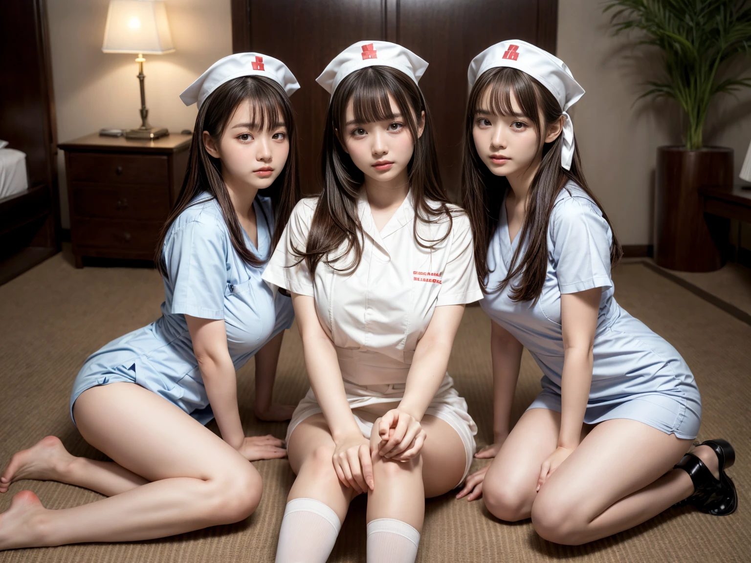 (black hair、nurse、nurse cap、In underwear、Small white panties、white bra、knee high socks、Looking at me with a big smile、beautiful teeth alignment、ass、hip line、Are standing、from behind、)professional lighting、slender、belly button、hospital room at night、adult woman、big breasts、big ass、seductive thighs、cowboy shot