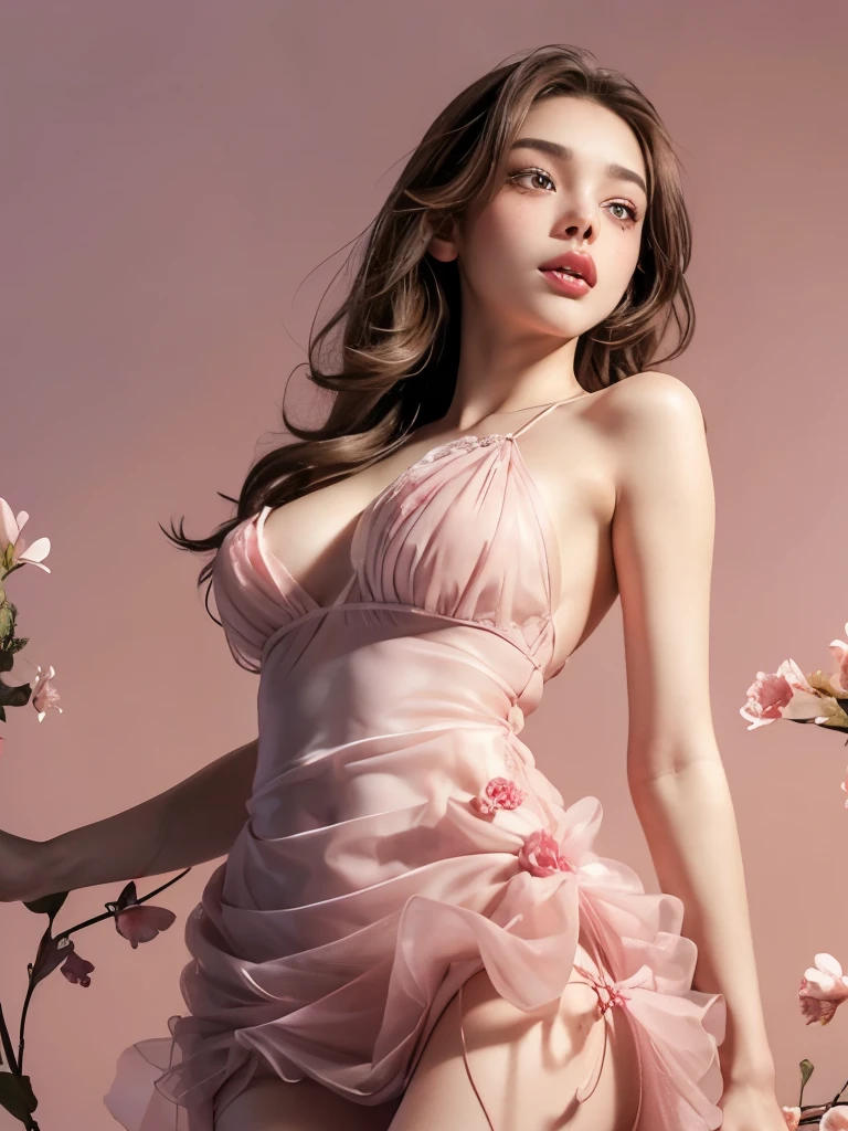 Beautiful girl; (Brown hair, with a nice bow); (honey colored eyes, pretty eyes, big eyelashes and thin cute eyebrows, full lips, Cupid and Heart shaped lips, pink and pretty lips); (pale white skin with pink tones; freckles and moles all over the body); (cute makeup with pink tones); (detailed body, slim abdomen; [big breasts, long breasts, nice breasts, plunging neckline]; (with a petal dress, red dress, pretty petal, dress short petal dress, Red dress, transparent dress); complete body, Angles from below