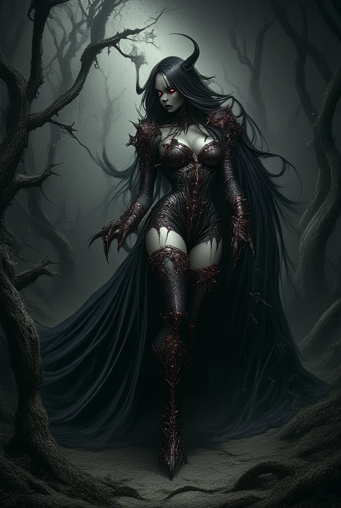 a picture of an sexy beautiful female human spider (animorph:1.5) standing under the starry night sky at the dark forest, full body(ultra detailed, Masterpiece, best quality), ultra detailed face (ultra detailed, Masterpiece, best quality), ultra feminine, black skin, black hair, wavy hair, dynamic eyes color, yellow glowing eyes, intense eyes, red lips, wearing red dress, dark elegant style dress (ultra detailed, Masterpiece, best quality), black and red spider lower body (ultra detailed, Masterpiece, best quality), red veins, spider abdomen and spider legs, sky full of stars background, moon, best details, best quality, 16K, [ultra detailed], masterpiece, best quality, (ultra detailed), full body, ultra wide shot, photorealism, dark fantasy art, gothic art