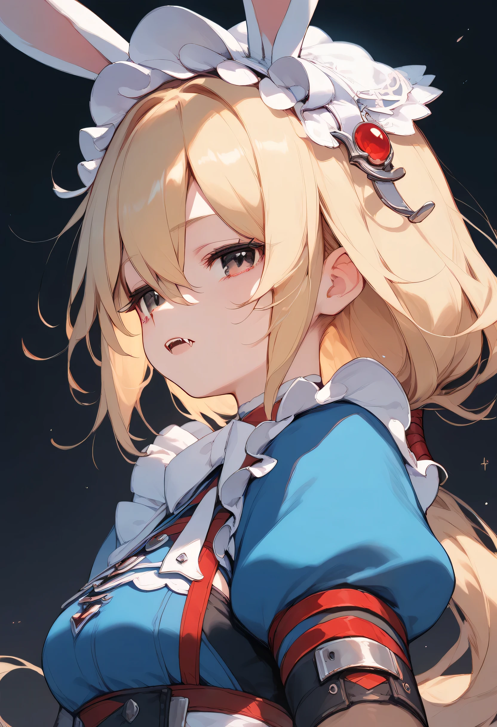 score_9,score_8_up,score_7_up,score_6_up,
Zero_AS,1girl,solo,long hair, low ponytail, messy hair, black eyes, sleepy eyes, flirty expression, fangs, , bunny headdress, blonde hair, blue maid uniform, dark alice, dark background