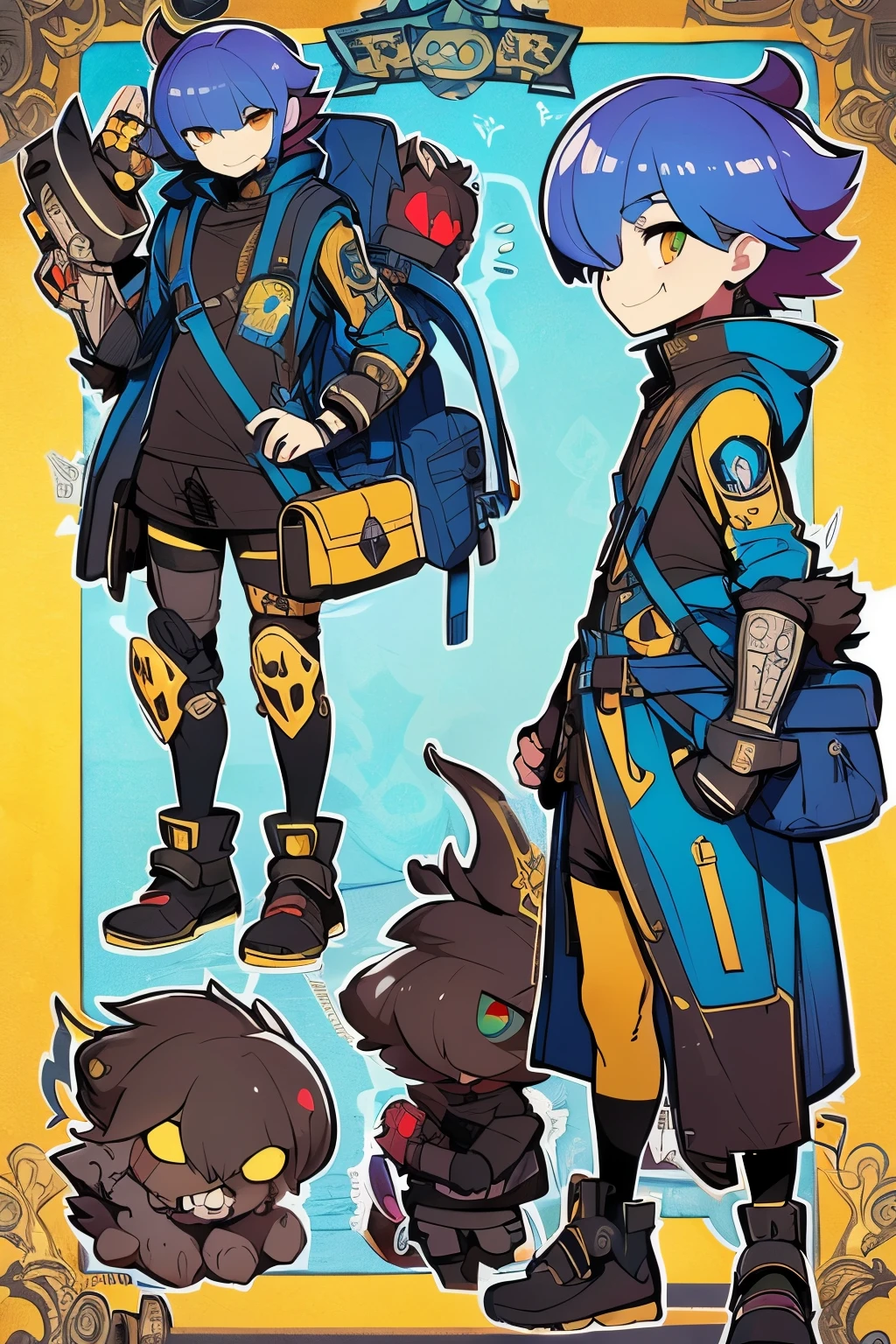 very tall boy and creepy cute monster buddy、anime-like、Adventurer、A determined smile、colorful hair with light blue mesh、Monocle with analytical ability、Sporty、Emblem with the Ouroboros ring motif、cap and longer hair, He is equipped with a mechanical gauntlet on his right hand.、yellow or red or green or blue rain jacket with hood、Knee guard、lace up boots、One Shoulder Bag、。character design sheet、The monster is inspired by Giger.、ExpeditionStyle、Monster is mshn robo style、Card game style very detailed, innocent but edgy and boyish style