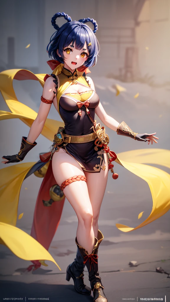 Ahri da league of legends,(best qualityer,4K,8k,high resolution, work of art:1.2)(weather: moonlight), Japanese female, magical forest background, black and red korean kimono dress, cleavage, magical staff, cute makeup, thigh high boots, belt, long golden hair, braided hair, fox ears, multiple fox tails, freckles, ultra detailed, realistic, portrait, beautiful detailed yellow eyes, beautiful detailed lips, extremely detailed eye and face, beautiful girl, long eyelashes, average, large breasts, beaming smile, sexy pose, bright coloured, dramatic lighting,