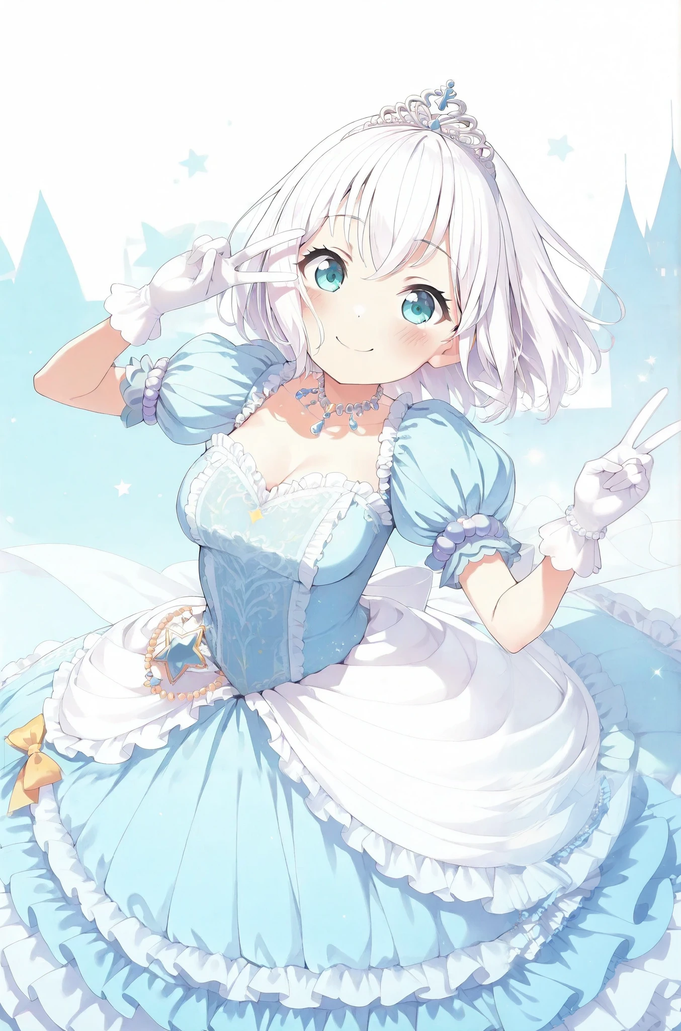 1girl, solo, kurata mashiro,white hair,short hair,blue eyes, {{medium breasts}}, {{{large breasts}}}, {{{smile}}}, {{{{masterpiece}}}}, {{{best quality}}}, {{{high quality}}}, {{{smile}}}, {{{princess costume}}}, {{{{{puff sleeve}}}}}, {{{princess}}}, {{{frilled dress}}}, {{{cinderella (cosplay)}}}, {{{short sleeves}}}, {{{cinderella}}}, star princess, {{{blue dress}}}, {{{tiara}}}, {white puff sleeve}, peace sign, {princess gloves}, {{white princess gloves}}, {{{short sleeves}}}, {}, {{{beautiful hands}}}, {{{{{beautiful finger}}}}},