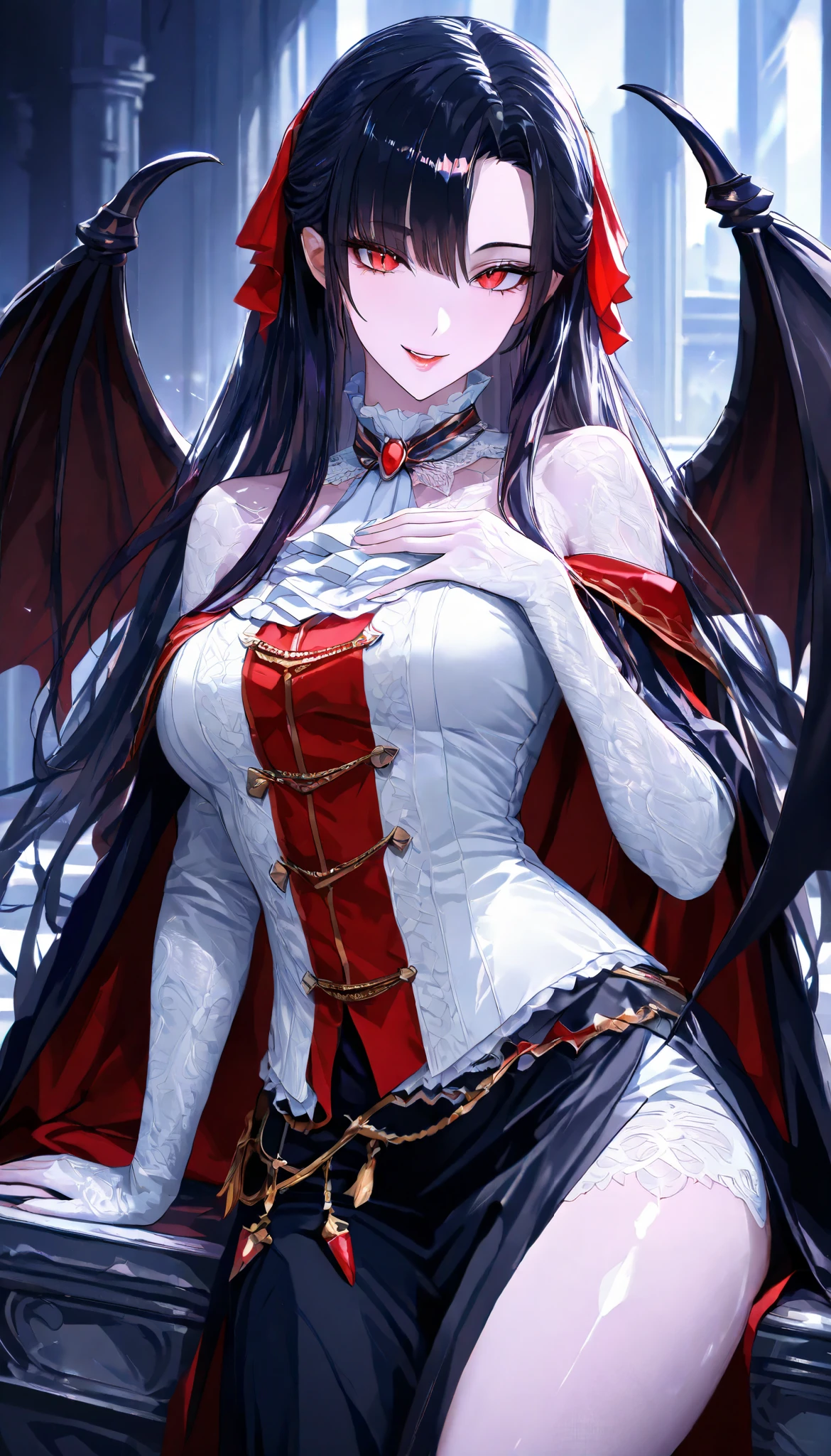 SOLO, A Vampire Female ,Perfect body ,Shiny skin,pale skin, (Black long hair,Full Bangs), Red eye,red slit pupils, (A pairs of Bat wings), Wearing A Black and Red European Earl's costume, In theCastle main hall,Sit on a silver Bloody throne, Torogao, seductive smile, Midnight, UHD, anatomically correct, masterpiece, textured skin, high details, highres, 1080P, 16k, accurate，Beautiful face, Perfect face, Highly detailed beautiful face and eyes, Attractive face, Detailed face, Delicate facial features, Detailed skin,Cowboy shot