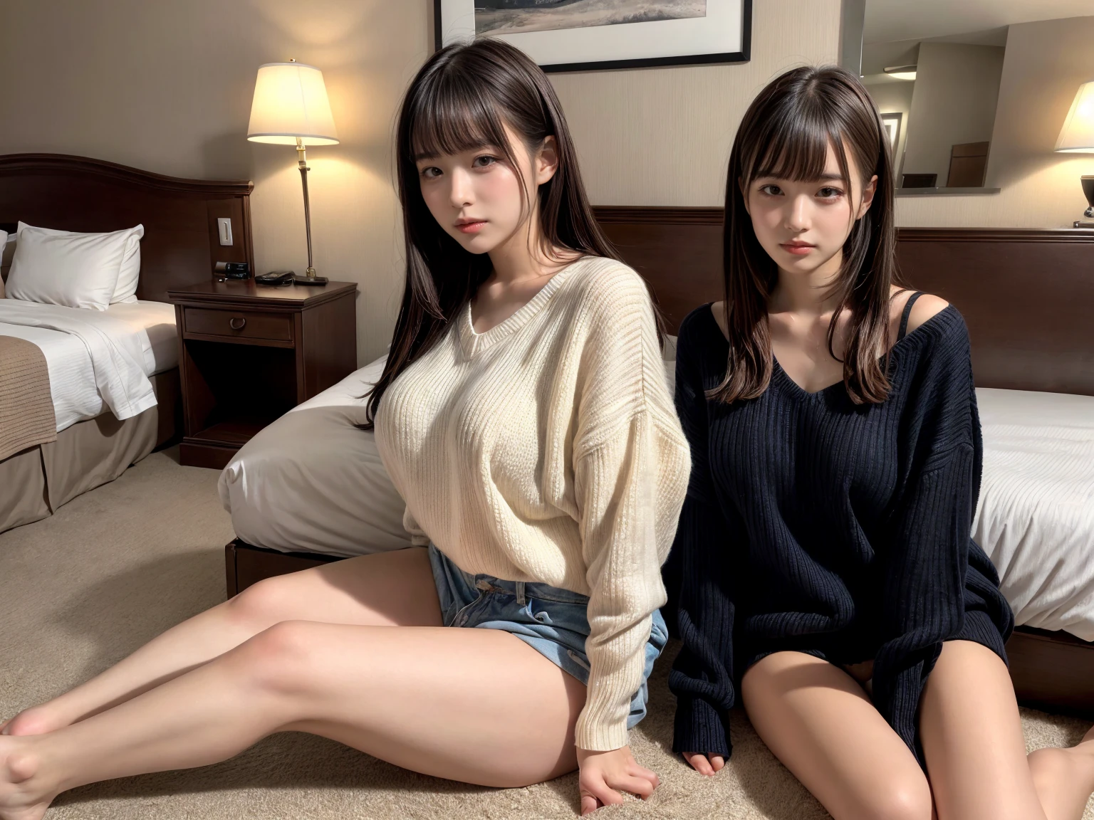 ((Two housewives in their twenties bending over slightly、Hands on both knees:1.2))、((They stand shoulder to shoulder、Waist to waist)), (Off-the-shoulder knitwear:1.4)、(服の上fromお尻の形がかすかに見えます.)、((Captivating look:1.1))((Your ass is facing us:1.3))、((Sexy Smile))((Medium long wavy hair))The face is neat and tidy、Detailed face、Beautiful Face、Tying up hair、Light brown eyes、２People Girls、Innocence、(Photorealistic)、(Intricate details:1.2)、(masterpiece、:1.3)、(Highest quality:1.4)、(Ultra-high resolution:1.2)、Ultra-high resolution、(Detailed eyes)、(Detailed faceの特徴)、Hmph、8k resolution、Large Breasts, from_On top of that, sleeve_here_wrist, Breasts pressed together, ((Tilt_forward)), ((bent_that&#39;s all:1.3)),(((silverhair)))