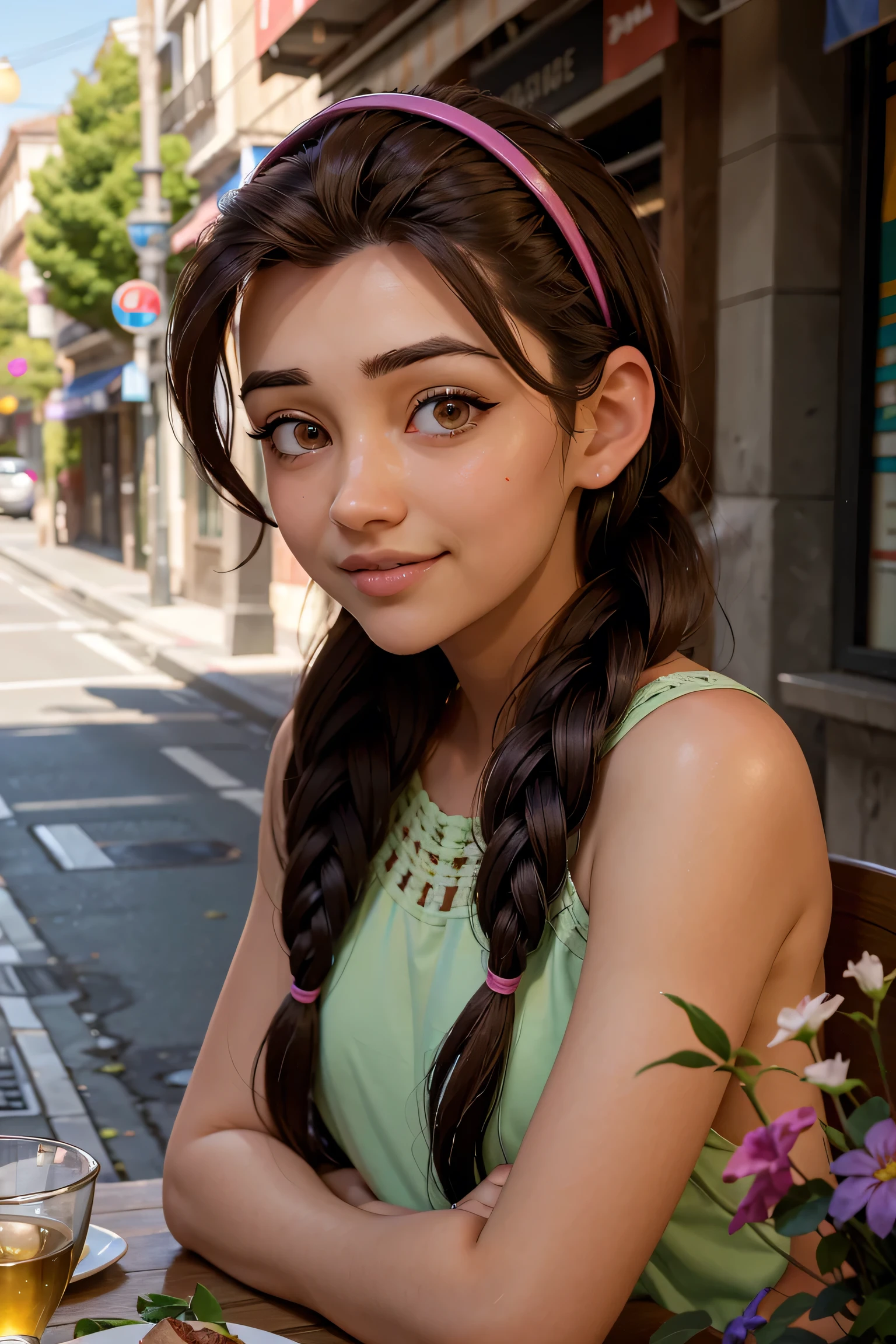An impressive and intricate full color portrait, Ultra-HD a girl, brown hair with 2 braids, brown eyes, pink headband, detailed face, dressed in a red dress, no logos, epic character composition, alessio albi, nina masic, sharp focus, natural lighting, subsurface dispersion, f2, 35mm, (date in a restraunt), romantic date, smiling with teeth, happy face, table with dinner and flowers.