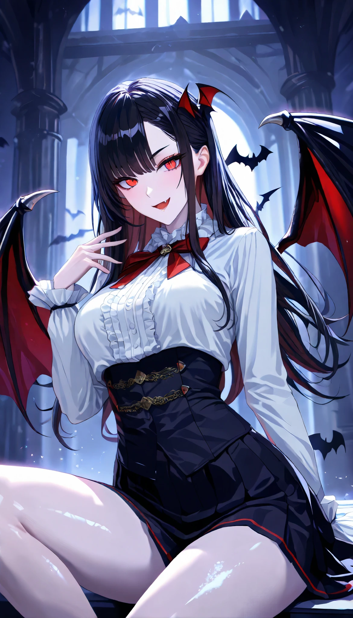 SOLO, A Vampire Female ,Perfect body ,Shiny skin,pale skin, (Black long hair,Full Bangs), Red eye,red slit pupils, (A pairs of Bat wings), Wearing A Goethe skirt with the characteristics of bats, In the Castle main hall,(Sitting on a Silver Bloody throne), Naughty face, Open Mouth, Fang out, Midnight, UHD, anatomically correct, masterpiece, textured skin, high details, highres, 1080P, 16k, accurate,Beautiful face, Perfect face, Highly detailed beautiful face and eyes, Attractive face, Detailed face, Delicate facial features, Detailed skin,Cowboy shot