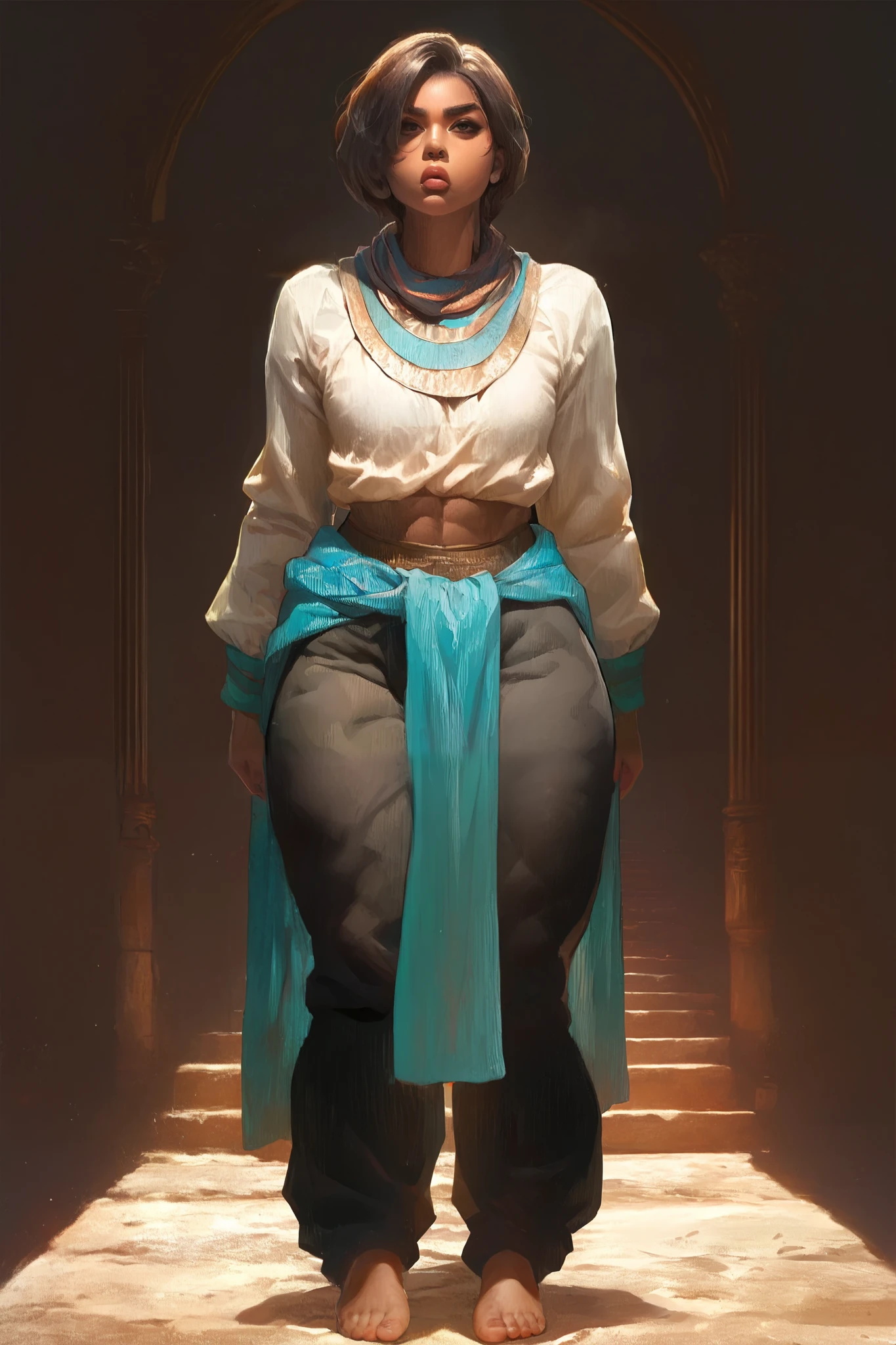 Ickpot, full body portrait, 1boys, an image of a muslim beautiful boy, sissy, short height, very short hair, androgynous, thick lips, plump lips, brown skin,  (islamic cloth wrapped around neck), (long sleeves baggy light tunic), (dark cloth wrapped around waist), ((dark baggy pants)), thick thighs, serious face,  looking at viewer