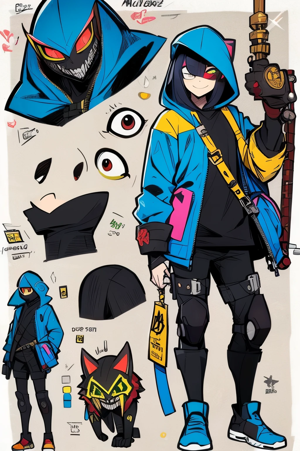 very tall boy and creepy cute monster buddy、anime-like、Adventurer、A determined smile、colorful hair with light cyan blue mesh、Monocle with analytical ability、Sporty、Emblem with the Ouroboros ring motif、cap and longer hair, He is equipped with a mechanical gauntlet on his right hand.、yellow or red or green or blue rain jacket with hood、Knee guard、lace up boots、One Shoulder Bag、。character design sheet、The monster is inspired by Giger.、ExpeditionStyle、Monster is mshn robo style、Card game style very detailed, innocent but edgy (colorful) and boyish style