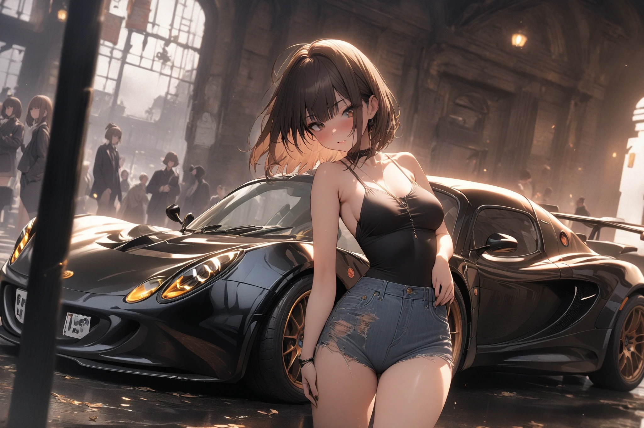 (((masterpiece, Highest quality, High resolution, 超High resolution, Perfect Pixel, Depth of written boundary, 4K, RTTX 10.0))), Beautiful Anime Woman, Beautiful art style, Anime characters, ((Smooth texture, Realistic texture, Anime CG Style)), Exact finger count、Exact number of legs、(Exact number of arms:1.0, Exact number of hands:1.0), (Perfect hands, Perfect Anatomy), Cinematic, Realistic, Extremely detailed CG, Daytime lighting, Perfect lighting, Best Shadow, The best natural light, A separate, precisely shaped car, whole body, Perfect body, バランのとれたPerfect body, Perfectly balanced style, Slender body, ((bangs, Reddish brown hair, Bobcut)), ((A pretty adult woman is standing in a sexy pose in front of a car:1.8)), (pussy juice:1.5), ((Bow tie around neck:1.3), (Sexy and cute white underwear:1.3), (Stylish shiny white satin panties, Side-tieFullback panties, Fullback panties:1.3), (Thin panties:1.3), (White micro lace satin bra, White Bra, Thin bra:1.3), (garter belt, Garter Strings, Knee socks:1.3):1.3), (motor Show, Many visitors in the background, Crowded venue, A show car on display in the background, indoor:1.7), naked, In underwear, Angle from directly behind, Fullback pantiesをはいた尻をクローズアップしたアングル