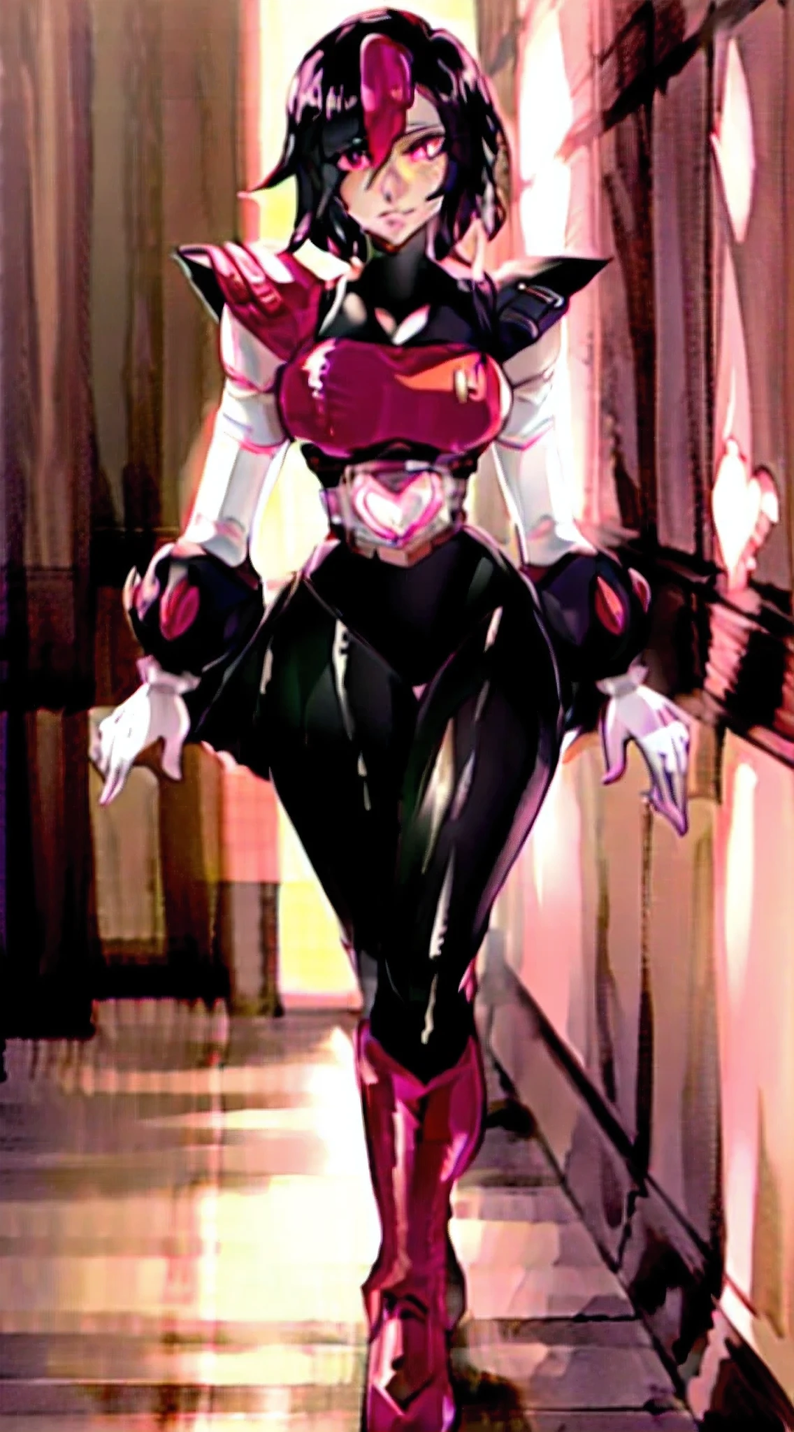 Ryuko Matoi wearing a latex Mettaton suit, right-fitting spandex, evening attire, heeled boots, hot pink heels, hot pink arm gloves, walking midday. (best quality,4k,8k,highres,masterpiece:1.2), ultra-detailed, (realistic,photorealistic,photo-realistic:1.37), HDR, UHD, studio lighting, ultra-fine painting, sharp focus, physically-based rendering, extreme detail description, professional, vivid colors, bokeh, portraits, gothic, vibrant color scheme, dramatic lighting, intense shadows.