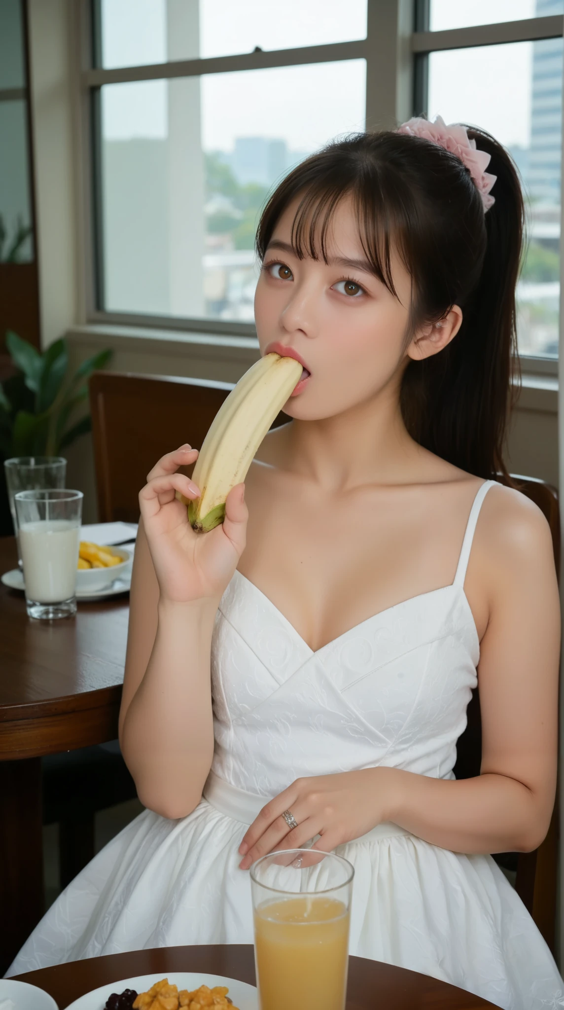 score_9,score_8_up,score_7_up,source_real,high resolution photograph of a Japanese young actress, photo-realistic, intricate details, sharp focus, professional lighting,
solo focus, 1girl, ponytail black hair, hair scrunchie, lite-brown eyes, detailed face, detailed eyes, beautiful pupils, sophisticated nose, pale skin, (holding a thick banana, fellatio gesture), face focus, close-up of face, (collarbone, bare shoulders sweetheart neckline dress), detailed hand, detailed fingers, BREAK, pov across table, BREAK, cafe terrace,