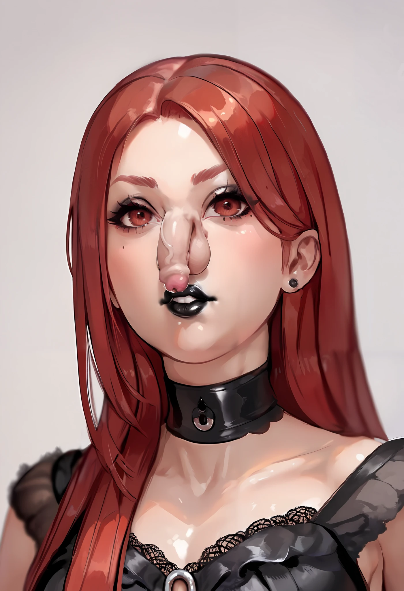 (Super Detailed), (Anime), (score_9), (score_8_up), (score_7_up), 1girl, (portrait), (Very Cute Girl), (Brown Eyes), (Long Straight Red Hair), ((Flaccid Nose  Draped Over )), (Black Lipstick), (Mouth Partly Open, Not Smiling), (Choker), (Black Lace Dress), (Best Quality)