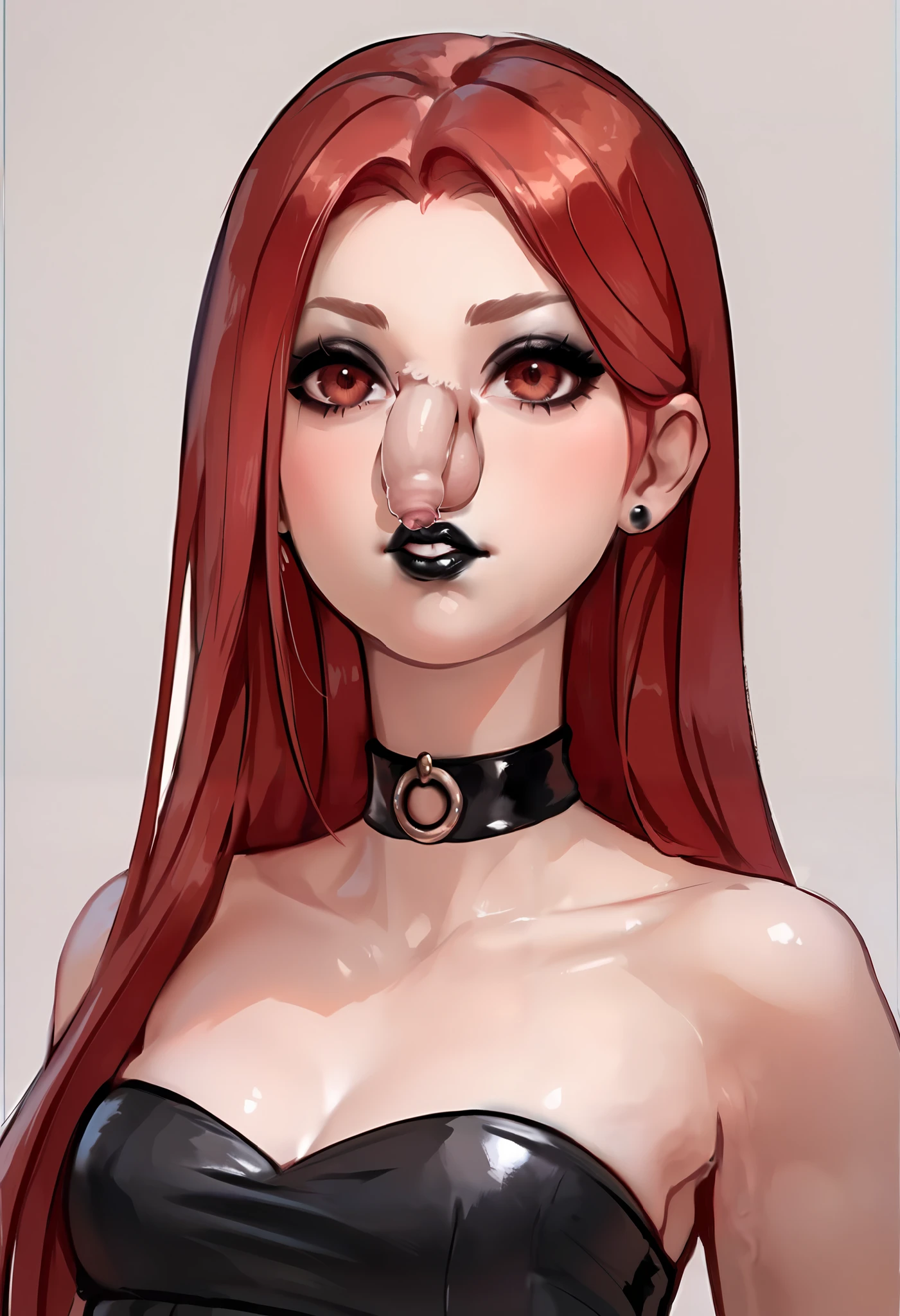 (Super Detailed), (Anime), (score_9), (score_8_up), (score_7_up), 1girl, (portrait), (Very Cute Girl), (Brown Eyes), (Long Straight Red Hair), ((Flaccid Nose  Draped Over )), (Black Lipstick), (Mouth Partly Open, Not Smiling), (Choker), (Strapless Black Dress), (Best Quality)