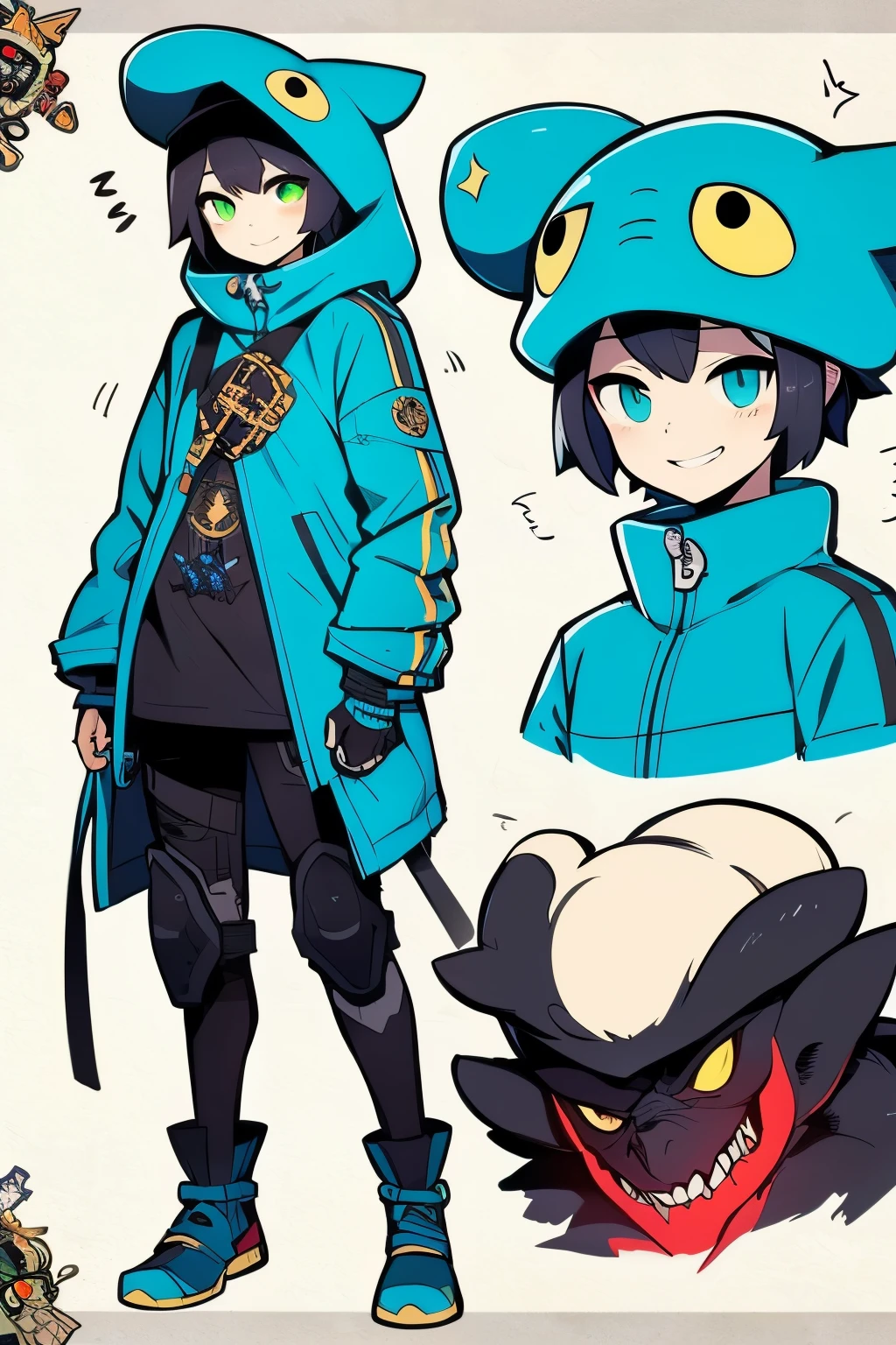 very tall boy and creepy cute monster buddy、anime-like、Adventurer、A determined smile、colorful hair with light cyan blue mesh、Monocle with analytical ability、Sporty、Emblem with the Ouroboros ring motif、cap and longer hair, He is equipped with a mechanical gauntlet on his right hand.、yellow or red or green or blue rain jacket with hood、Knee guard、lace up boots、One Shoulder Bag、。character design sheet、The monster is inspired by Giger.、ExpeditionStyle、Monster is mshn robo style、Card game style very detailed, innocent but edgy (colorful) and boyish style, fully covered, colorful soft style that does not have black clothing, if dark clothing is necessary use dark blue 