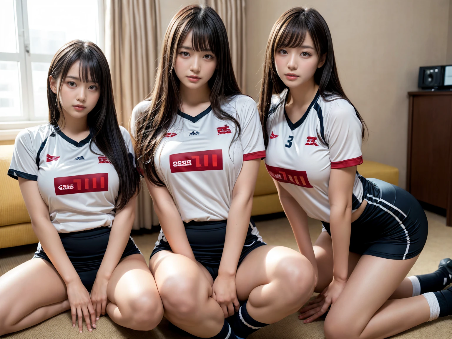 (RAW photo, 4k, masterpiece, high resolution, extremely complex) (realistic: 1.4), cinematic lighting
((2 girls)),Slam Dunk's,blushing,((innocent)),(Dark makeup),bright eyes,round eyes,blunt bangs,(straight hair:1.3),black hair,large breasts,wide hips,Summer Noon, 20 year old girl、cute type、lolita,Hot, (Best Quality), (Highres), (an Extremely Delicate and Beautiful),(Beautiful 8k face),(Brown eyes),short bob hair,( spectators),(gigantic breasts),(Play with each other,Touching each other's bodies,Touching the body),((Baseball Uniforms), a miniskirt, Toned buttocks),(reality),bright lighting,(The background is a luxury hotel room)