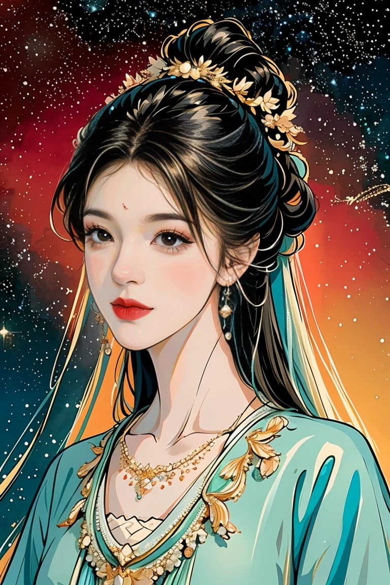 ( high res,  best quality,  masterpiece, 8k), a beautiful and cute woman, :165cm, Moderate bust,   white lace half dress , long black hair that shines blue , Perfect face 、 perfect style 、 necklace,  earrings,  my hair flowing in the wind,   bright colors,   Look at Me and Laugh, Walking barefoot on the beach ,    free drawing style full of peace and harmony 、 starry sky , sunset,  Milky Way, nebula,  anime illustration art、 digital illustration art 、 perfect art 、